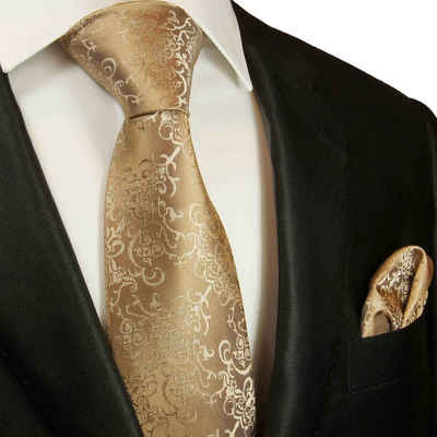 Paul Malone Krawatte Herren Seidenkrawatte mit Tuch modern barock 100% Seide (Set, 2-St., Krawatte mit Einstecktuch) Breit (8cm), gold braun 2049