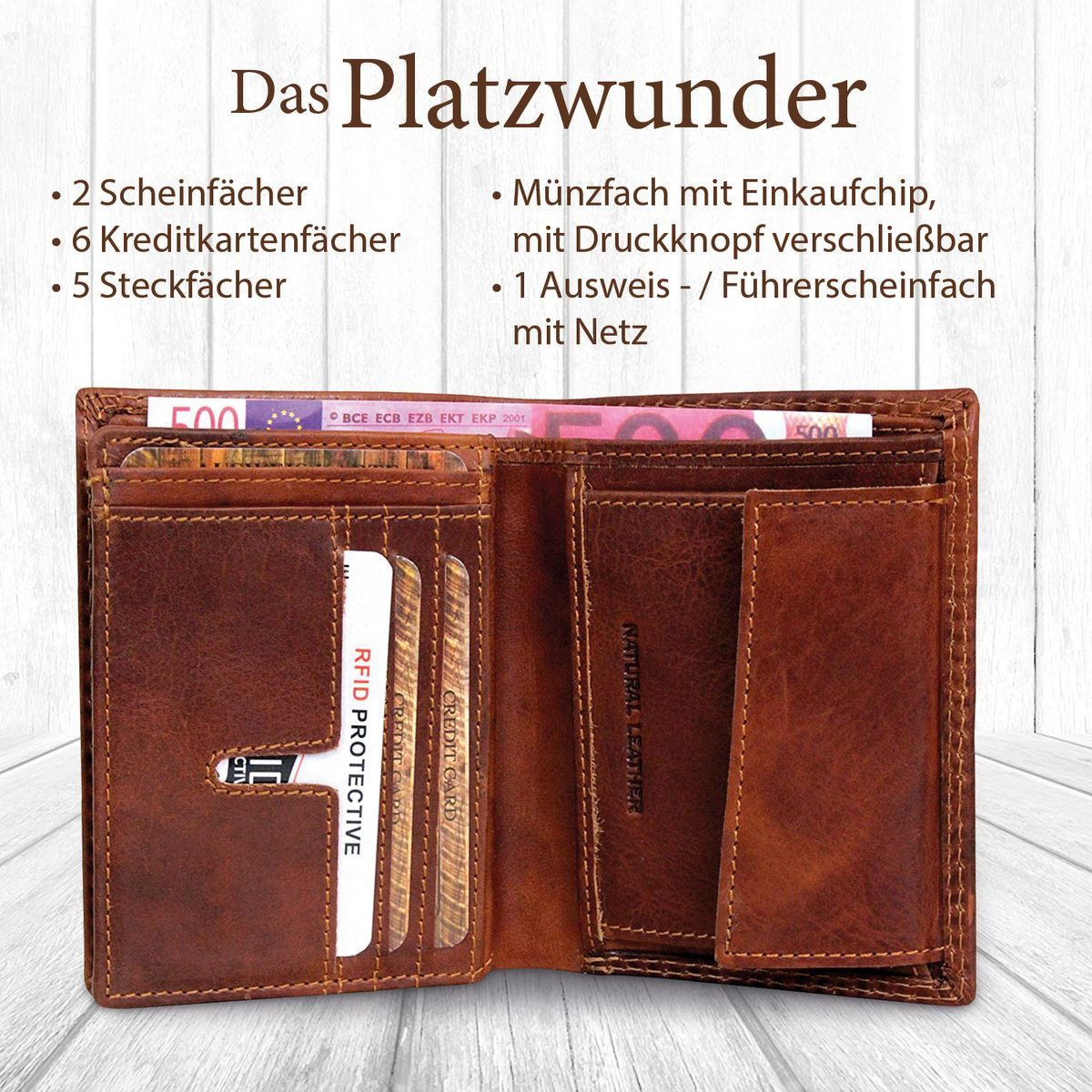Corno d´Oro Geldbörse Herren Leder Handmade Geldbeutel mit Münzfach RFID Schutz, Hochformat Portemonnaie, 7 Kartenfächer, mit Geschenkbox