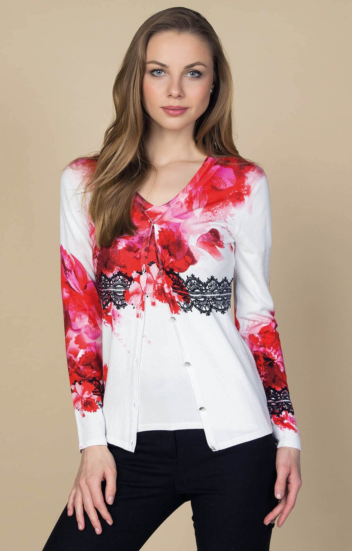 Passioni 2-in-1-Strickjacke Twinset mit abstraktem Print und Spitze (Ensemble Jacke/ Kurzarmpullover)