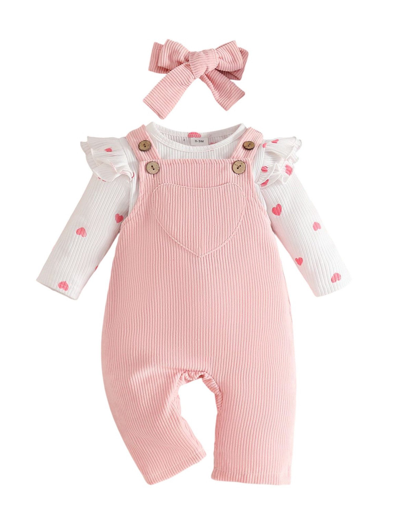 Lapastyle Overall Baby Mädchen bedruckte Langarmbody, Cord-Latzhose und Stirnband (Set, 3-tlg) Lässiger Anzug im Colorblocking Stil, geeignet für Frühling und Herbst