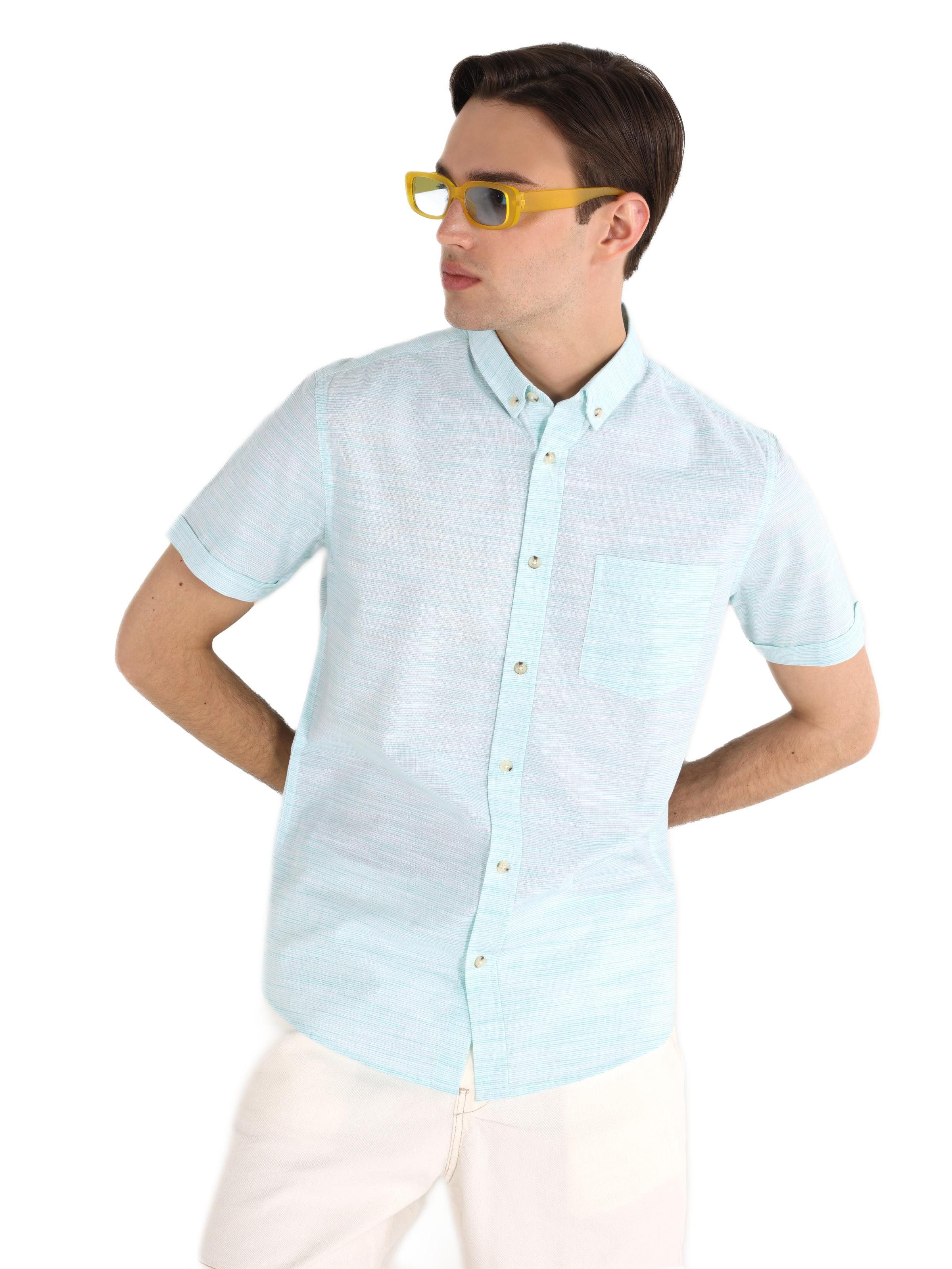 Colins Jeanshemd Colins Slim Fit Shirt Neck Unifarbenes Herren Kurzarmhemd