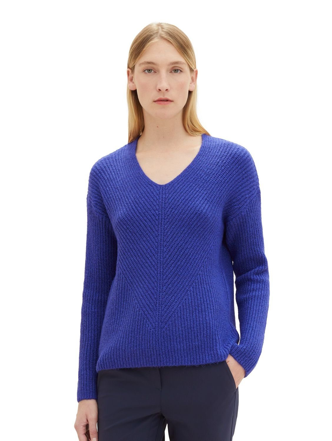 TOM TAILOR Strickpullover KNIT V-NECK aus Baumwollmix Crest Blue Melange 33965