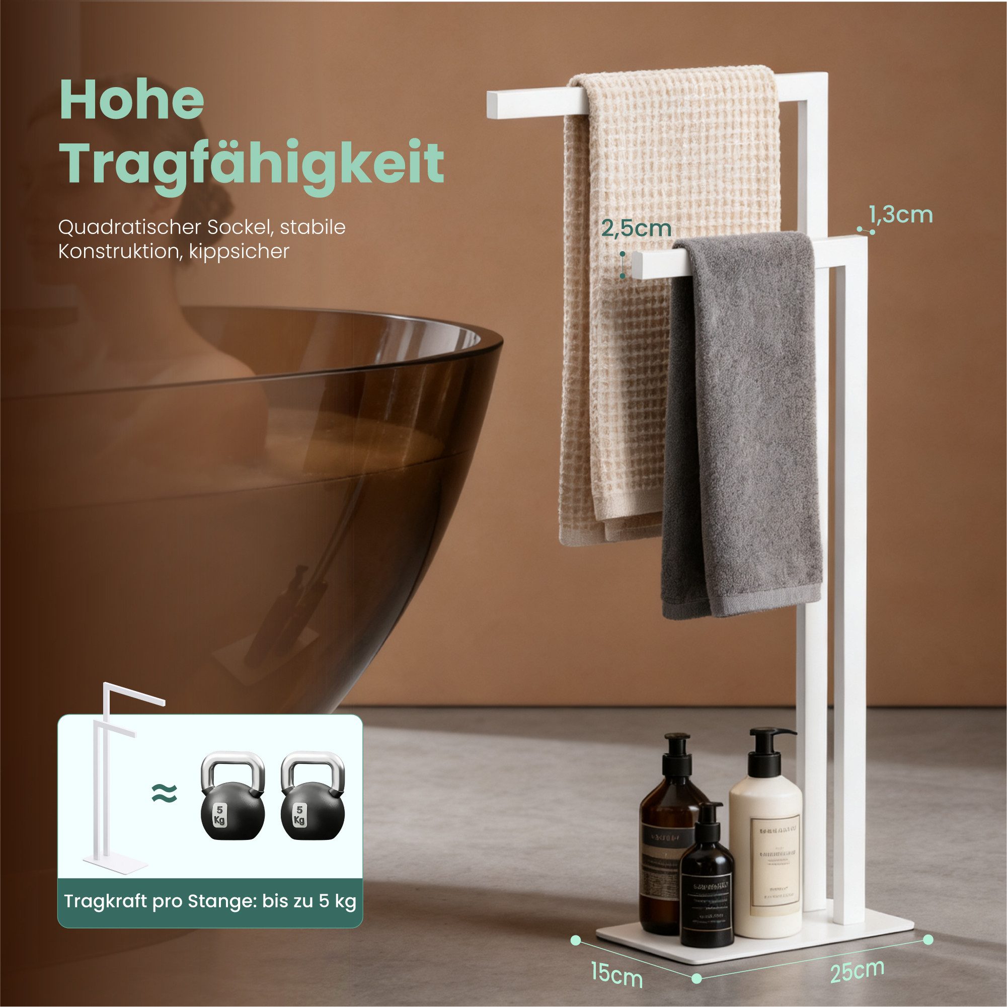 Mai & Mai Handtuchhalter Handtuchständer freistehend mit 2 Stangen aus Edelstahl Tavrin-02, Unterschiedliche Höhen der Stangen, – Bild 5 von 5