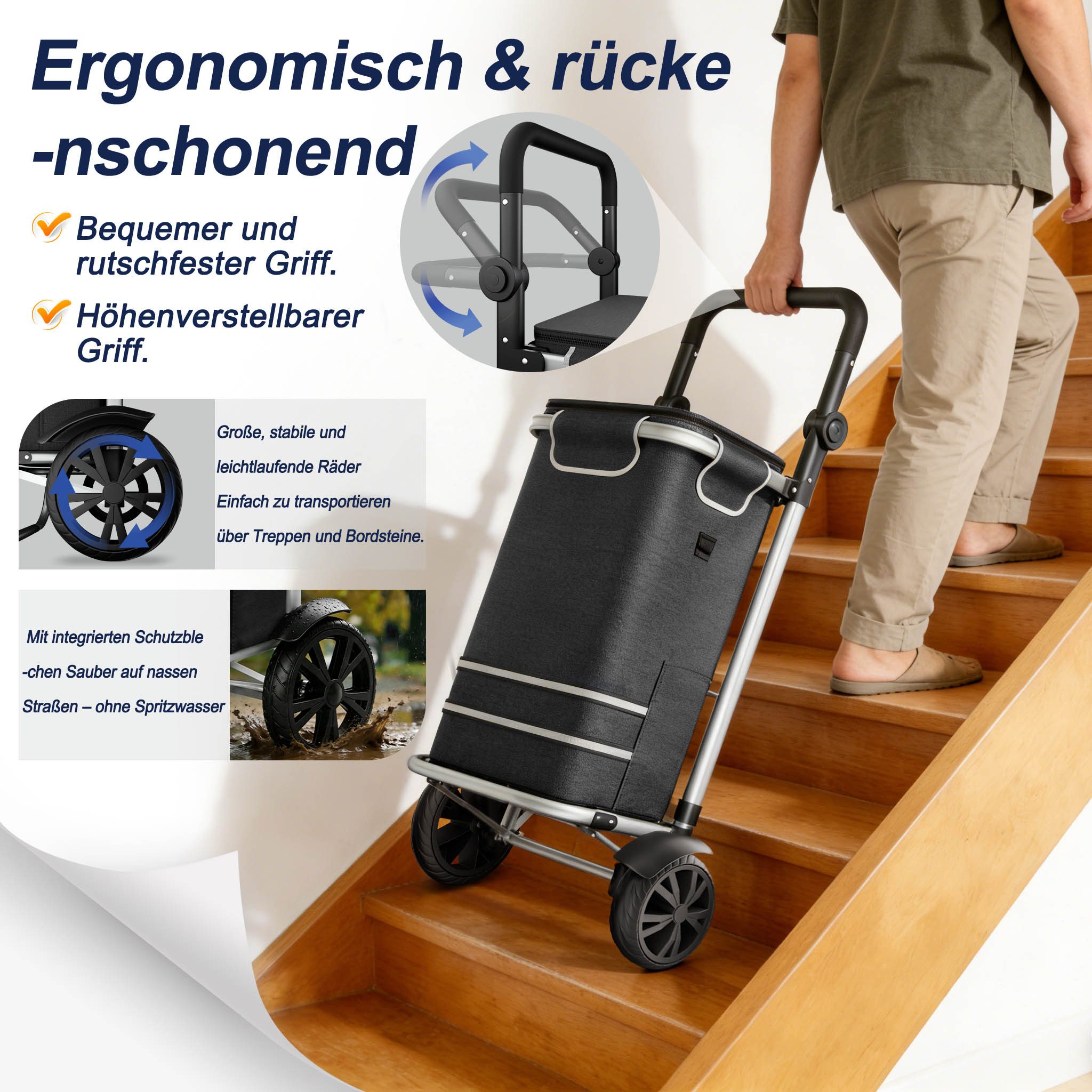 FIVMEN Einkaufstrolley 56L Trolley Einkaufswagen mit Extra Großen Rädern, 3 in 1 Treppensteiger Trolley mit Wasserdichter Tasche und Kühlfach – Bild 3 von 5