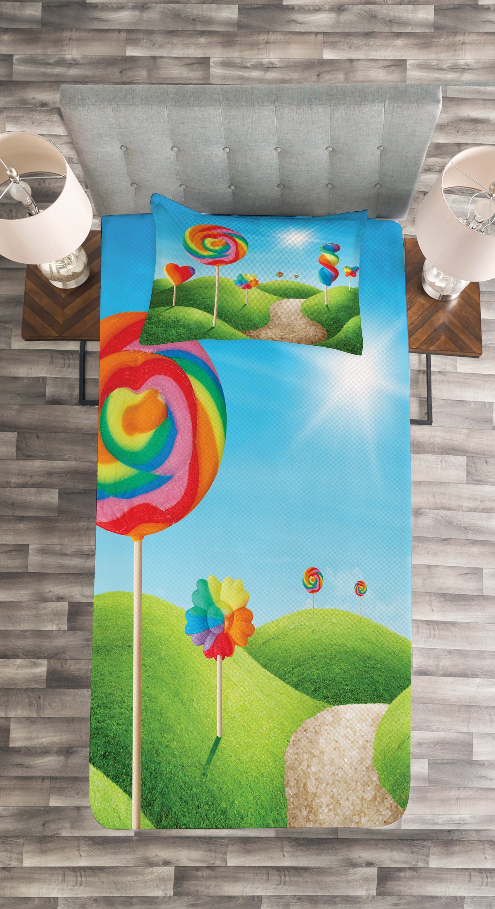 Land Set Fantasie Waschbar, mit Tagesdecke Lollipops Abakuhaus, Candy Kissenbezügen