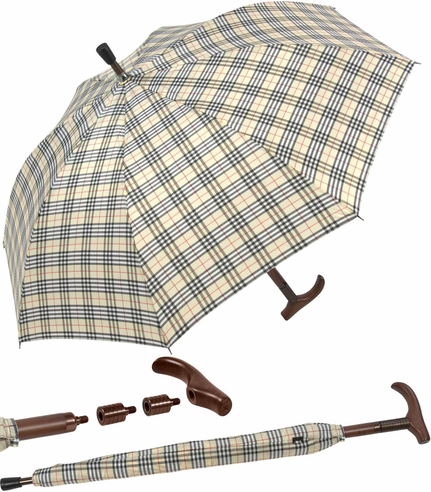 iX-brella Langregenschirm Stützschirm Holzgriff höhenverstellbar sehr stabil, klassisch beige kariert