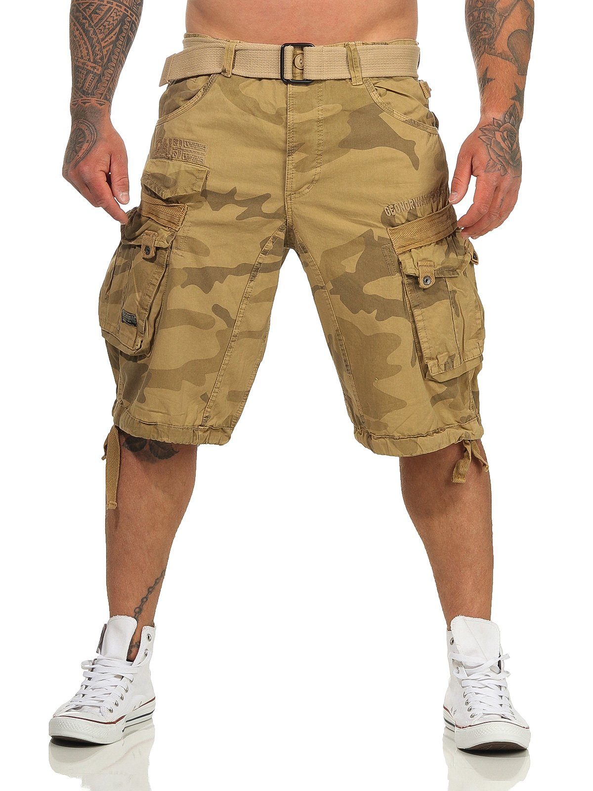 (mit PANORAMIQUE abnehmbarem Shorts beige Geographical kurze Cargoshorts camouflage / Herren unifarben Shorts, Gürtel) Norway Hose,