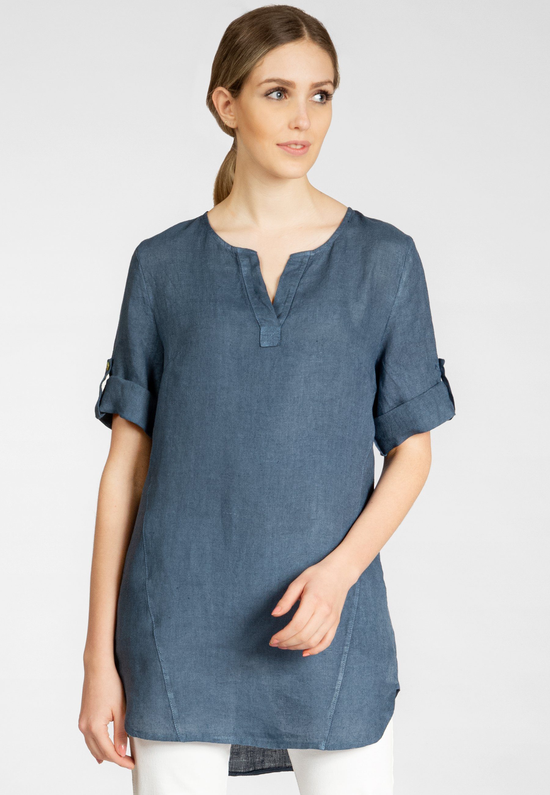 Longbluse BLU023 lange elegante Damen Halbarm Sommer Leinenbluse