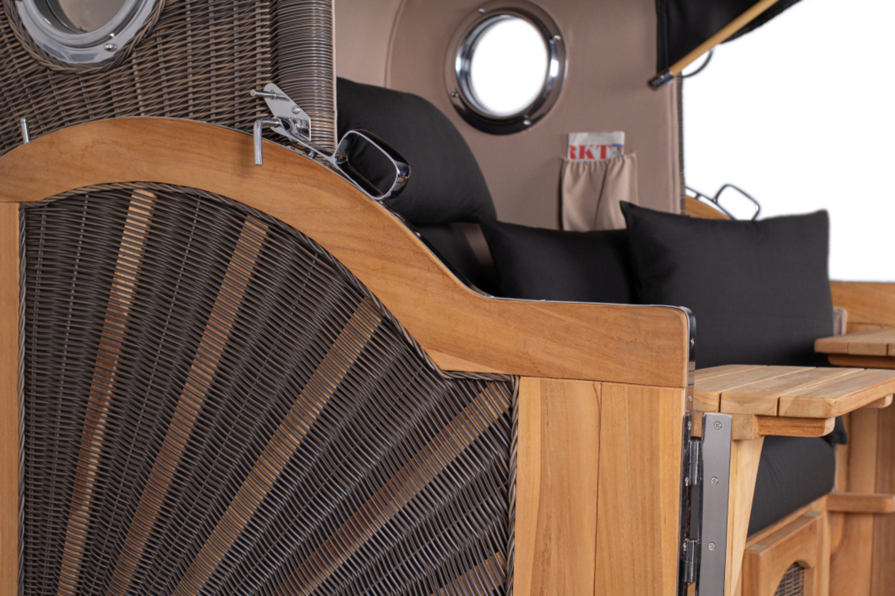 MR.DEKO Strandkorb Strandkorb Düne Grande Bullauge Teak PE Grey Dessin 548, BxTxH: 142x95x170 cm