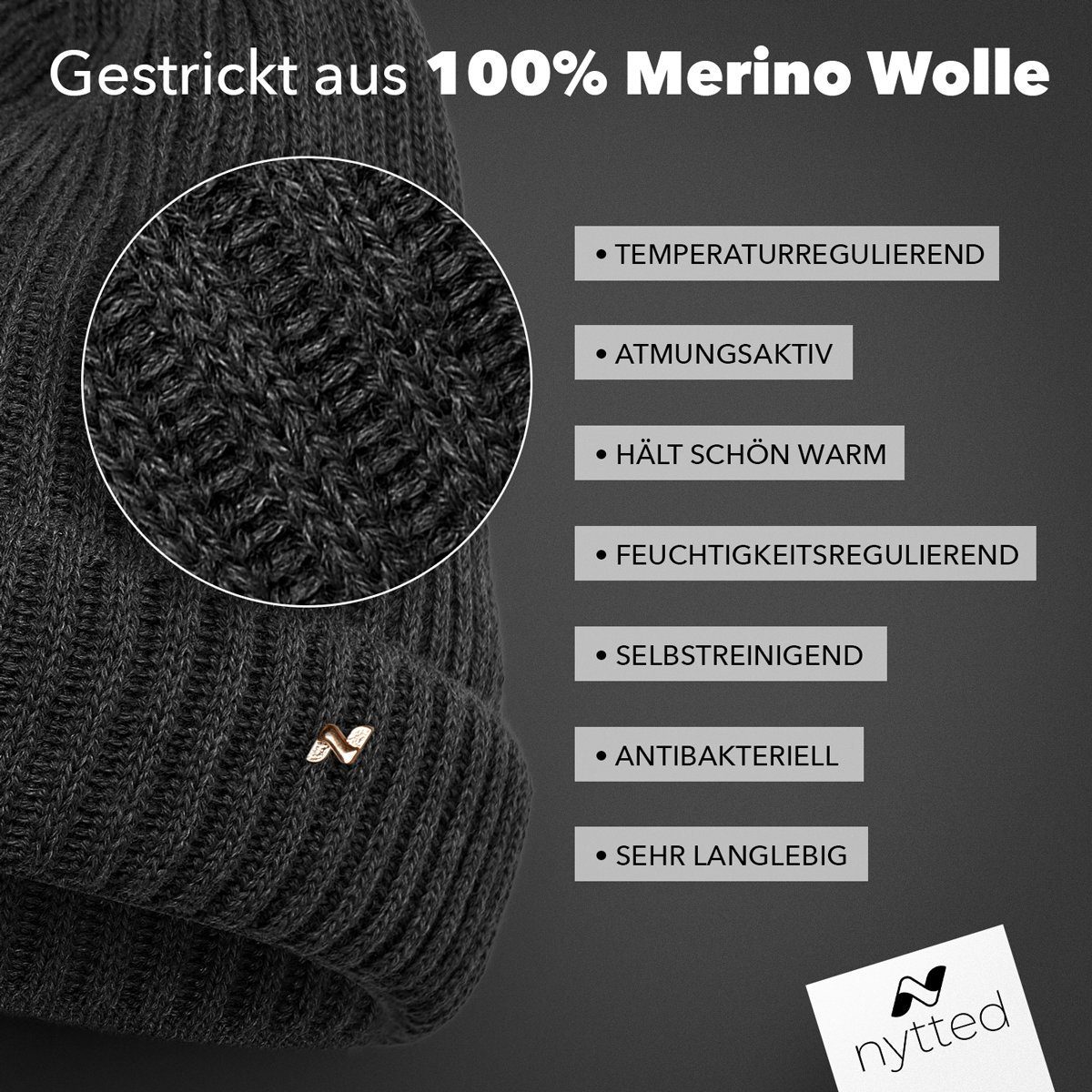 - & Strickmütze Wintermütze Damen Made anthrazit in 100% Merino-Wolle - NYTTED® Herren für - Germany