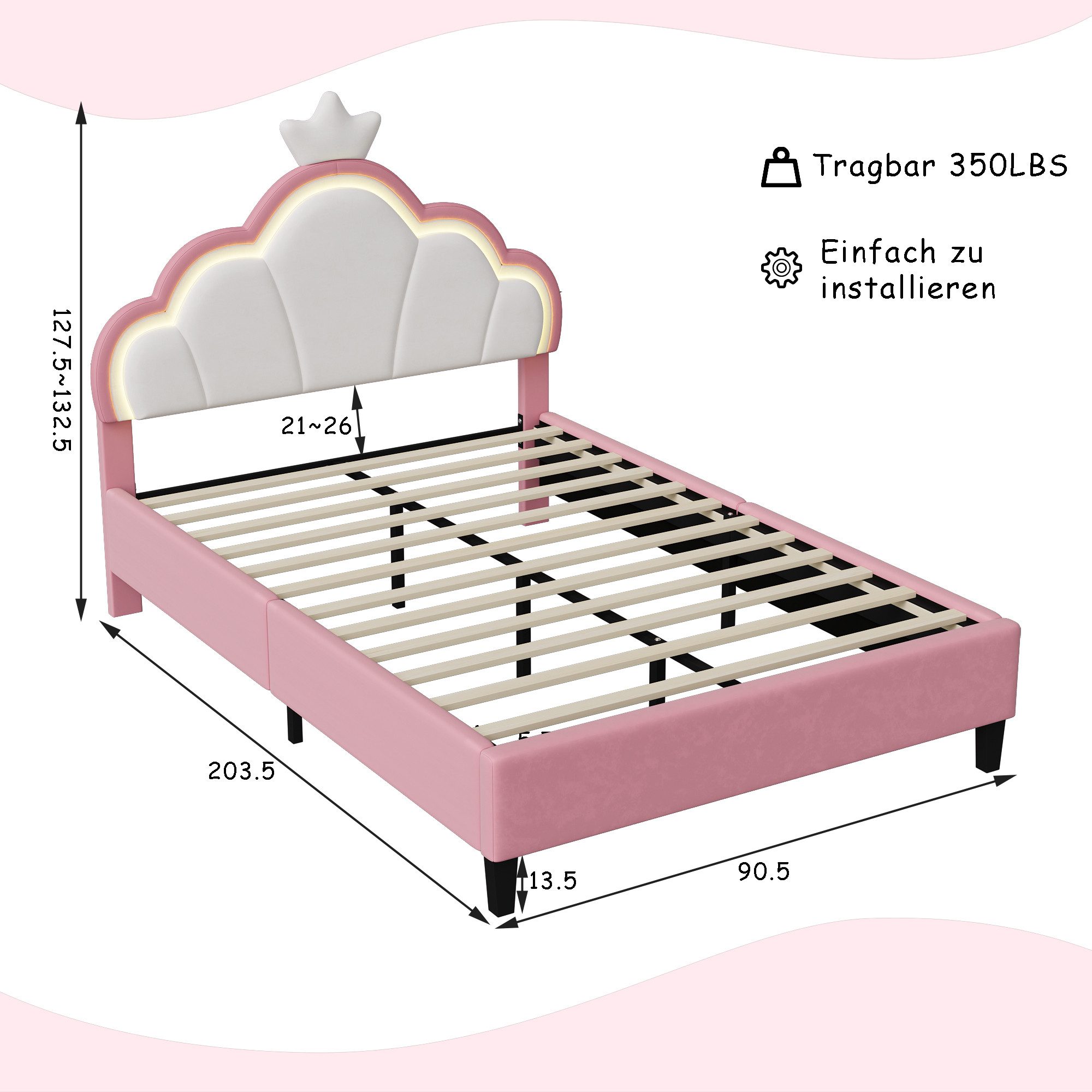 Gdood Polsterbett Kinderbett LED Prinzessinnenbett Kronenform (Set, Verstellbare Kopfteilhöhe, Sehr gut geeignet für Mädchen), inkl. LED-Beleuchtung, Samt, 90x200 cm