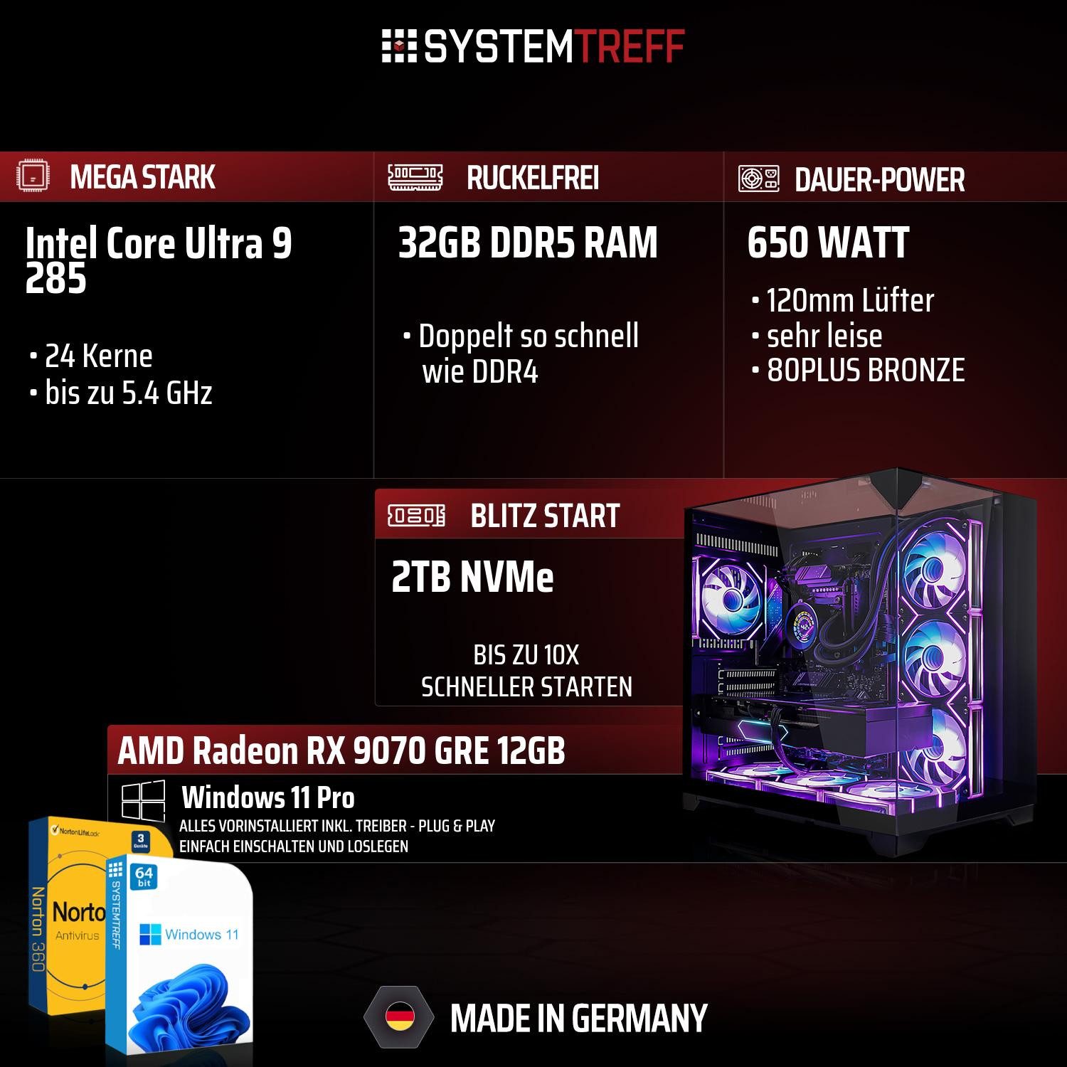 SYSTEMTREFF Intel Core Ultra 9 285 mit AMD Radeon RX 9070 GRE 12GB Gaming-PC-Komplettsystem (27", Intel 285 285, Radeon RX 9070 GRE, 32 GB RAM, 2000 GB SSD)