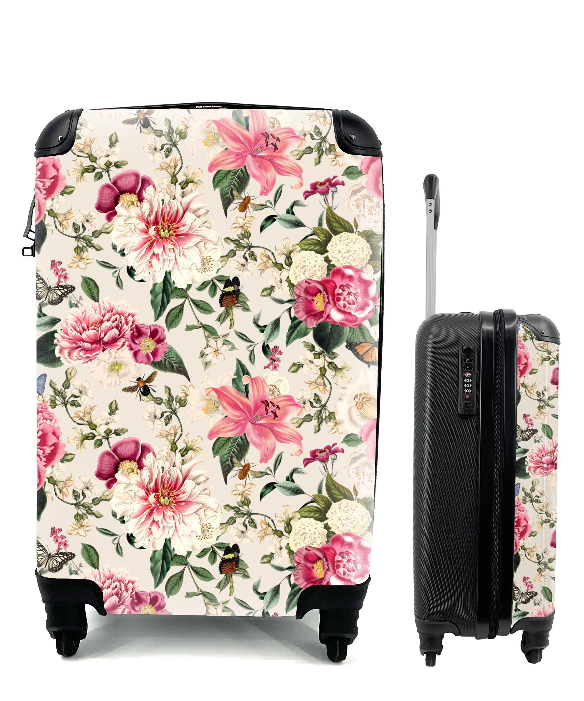 MuchoWow Handgepäckkoffer Blumen - Insekten - Rosa, 4 Rollen, Reisetasche mit rollen, Handgepäck für Ferien, Trolley, Reisekoffer