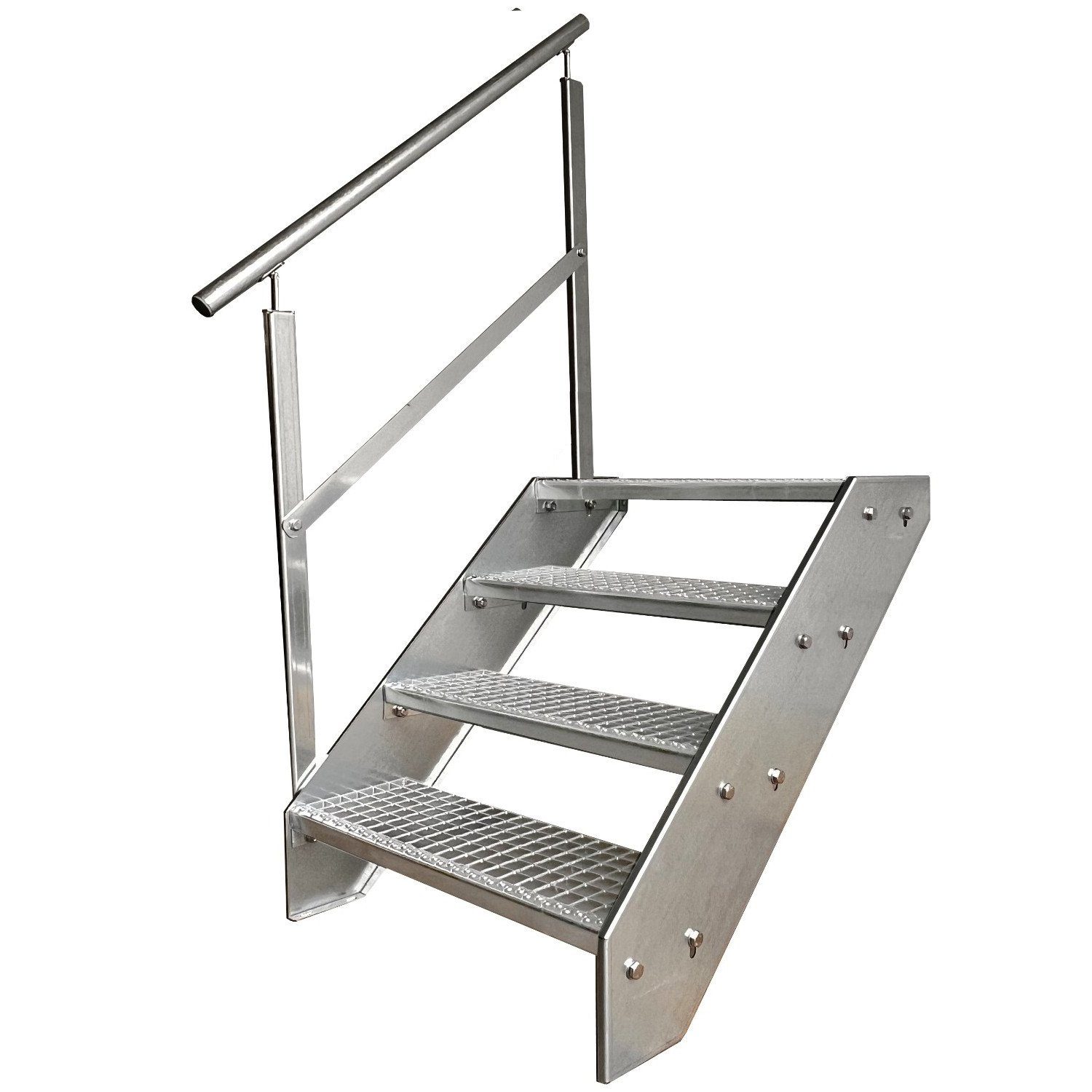 Kaminbau Mierzwa Außentreppe Premium Treppe Verzinkt mit und ohne Geländer, für Geschosshöhen bis 76.00 cm, Stufen Gitterroststufen nach DIN 24531, (Höhe 76 cm, Stufenbreite und Geländerart wählbar), Gartentreppe Stahltreppe Wetterfest Rostfrei Feuer-Verzinkt Rutschfest