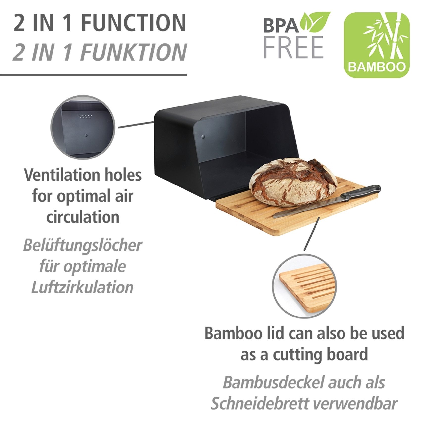 WENKO Brotkasten Modell Kubo, Bambus, Kunststoff, (1-tlg), moderne Brotbox mit integriertem Schneidebrett als Deckel