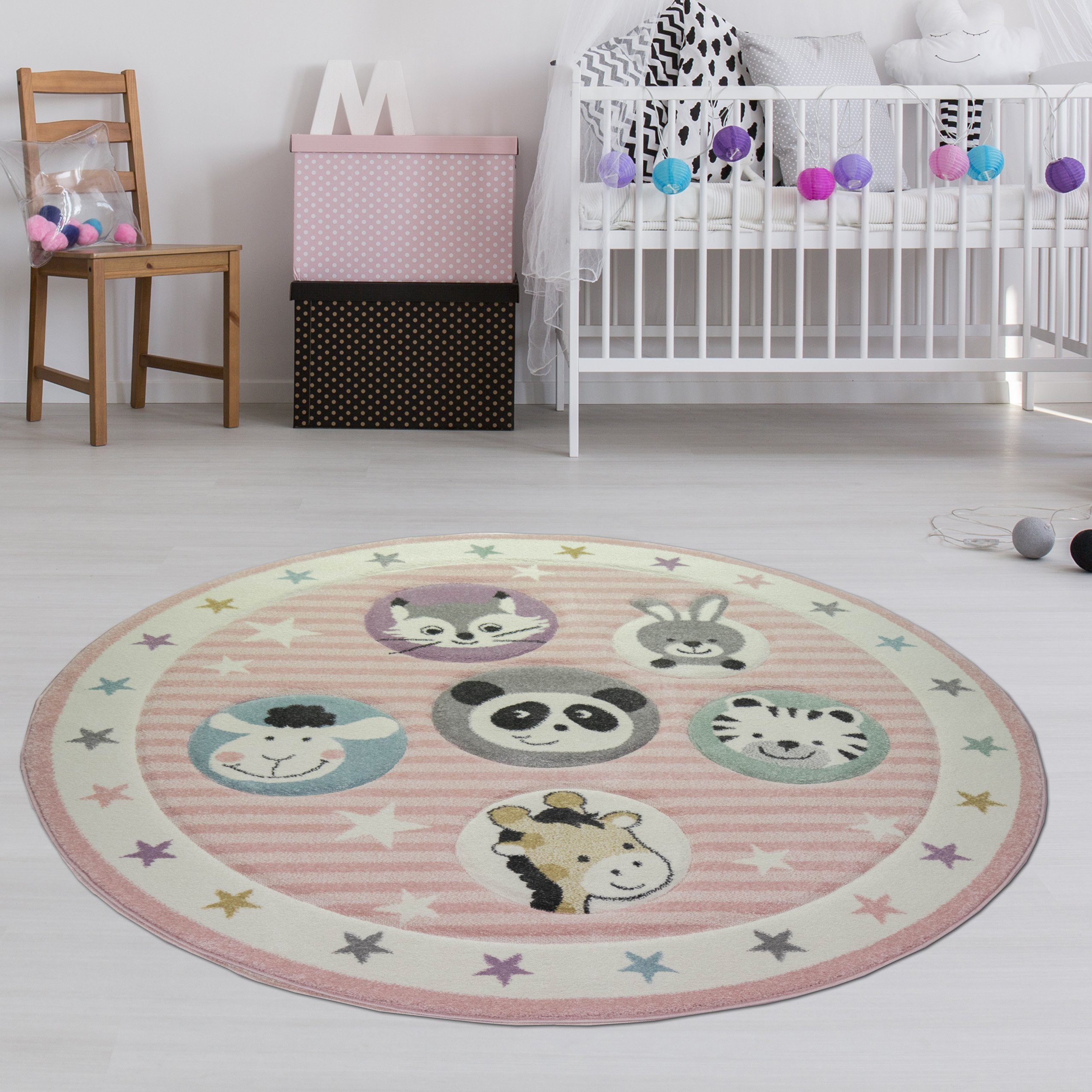 TeppichHome24 Kinderteppich Kinderteppich Zoo Tiere in rosa creme, Rund, Höhe: 13 mm