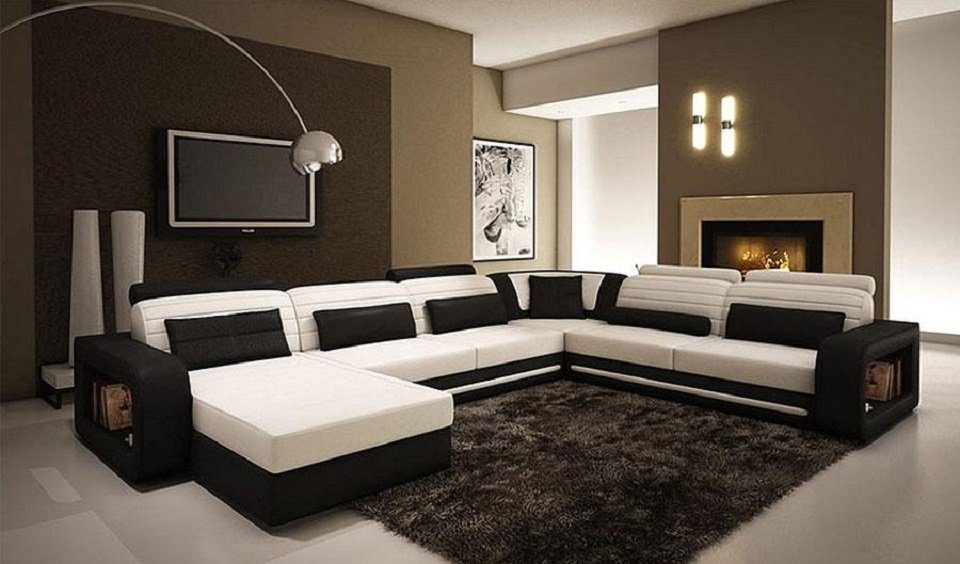 JVmoebel Ecksofa, U Form Sofa Couch Polster Garnitur Wohnlandschaft Design Ecksofa Weiß/Schwarz