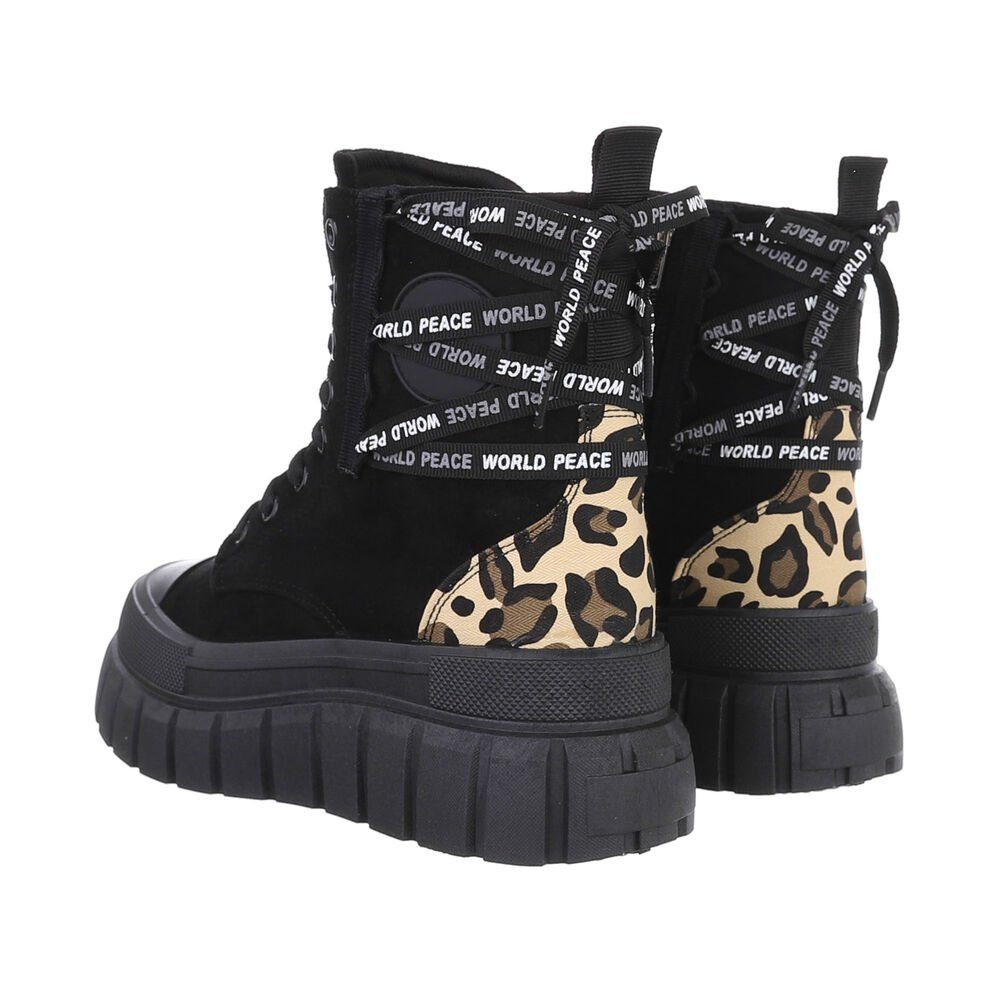 Ital-Design Damen Schnürschuhe Freizeit Schnürstiefelette Flach Sneakers High in Schwarz