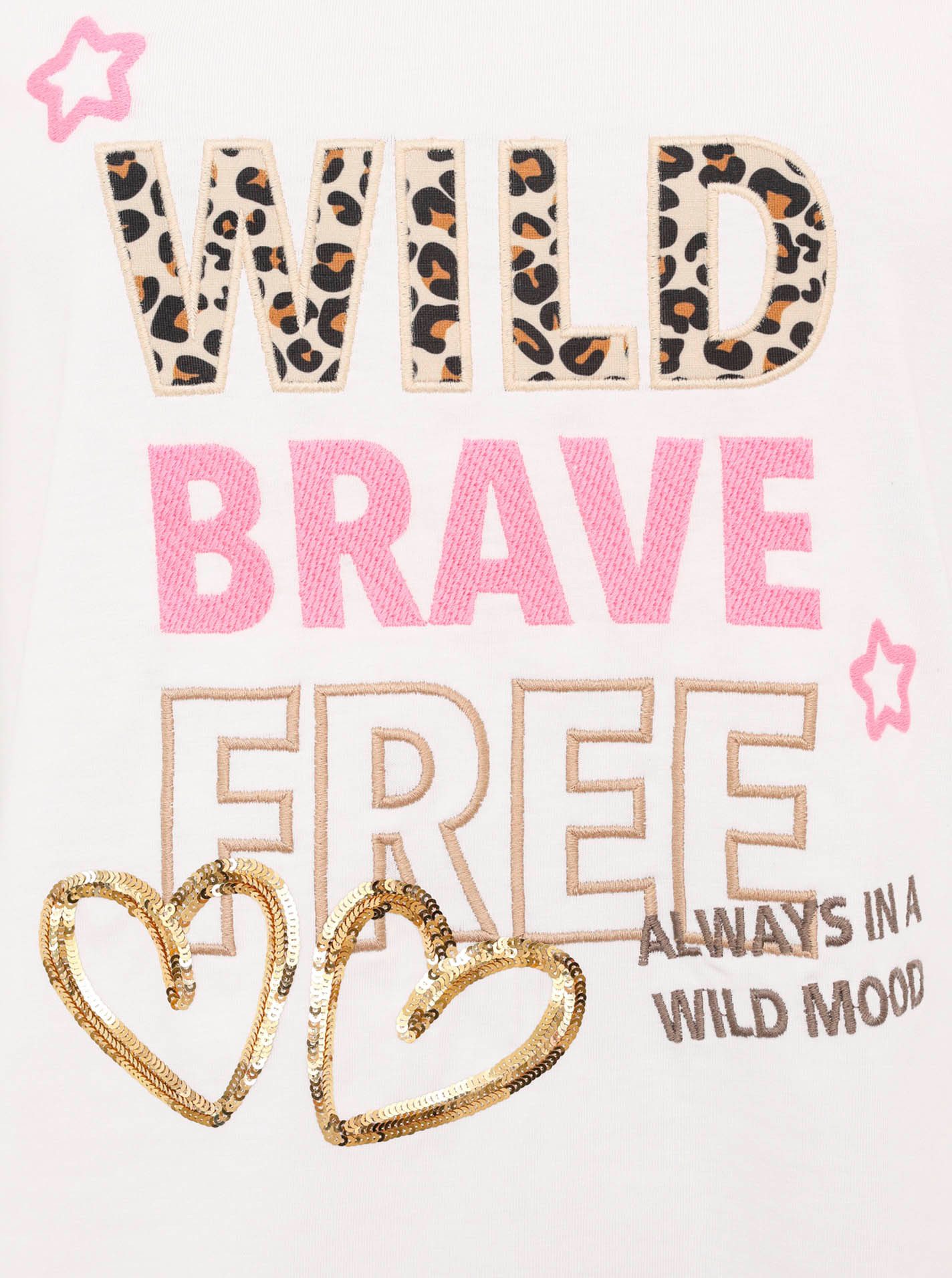 Zwillingsherz T-Shirt "Wild Brave Free" Leo-Muster, Pailletten, Kurzarm, Rundhalsausschnitt, Schriftzüge