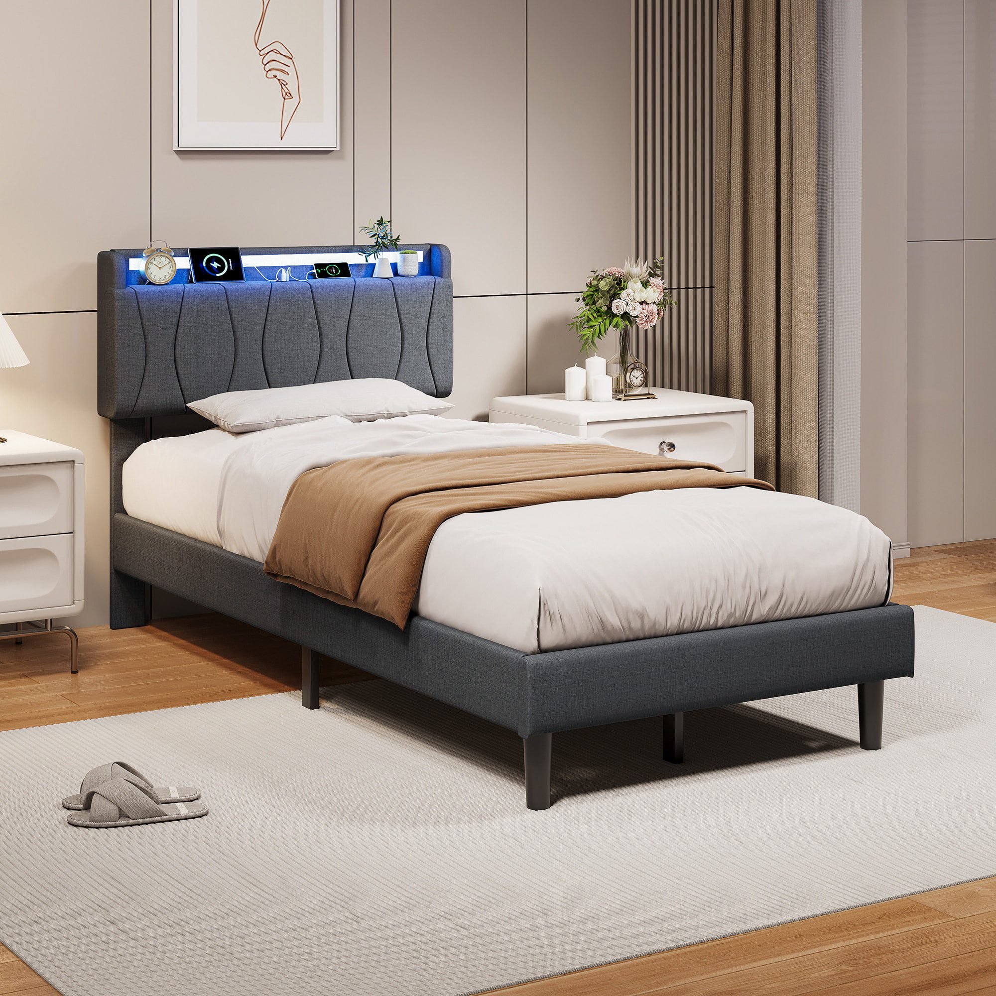 Simurq Einzelbett Polsterbett 90x200 cm, Leinen, LED-Beleuchtung & USB-Ladefunktion (1 tlg, ohne Matratze, Mit Lattenrost), Modernes Bettgestell, Multifunktionalem Kopfteil, Grau