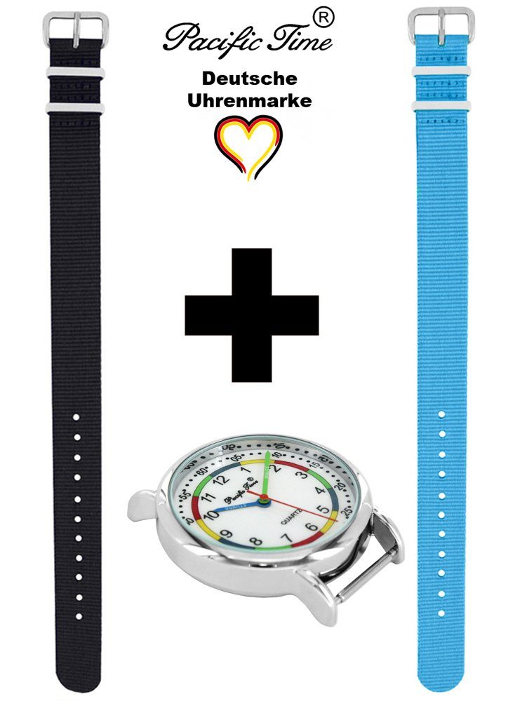 Pacific Time Quarzuhr Set Kinder - Mix Wechselarmband, Match schwarz Gratis First hellblau Design Versand Lernuhr und Armbanduhr und