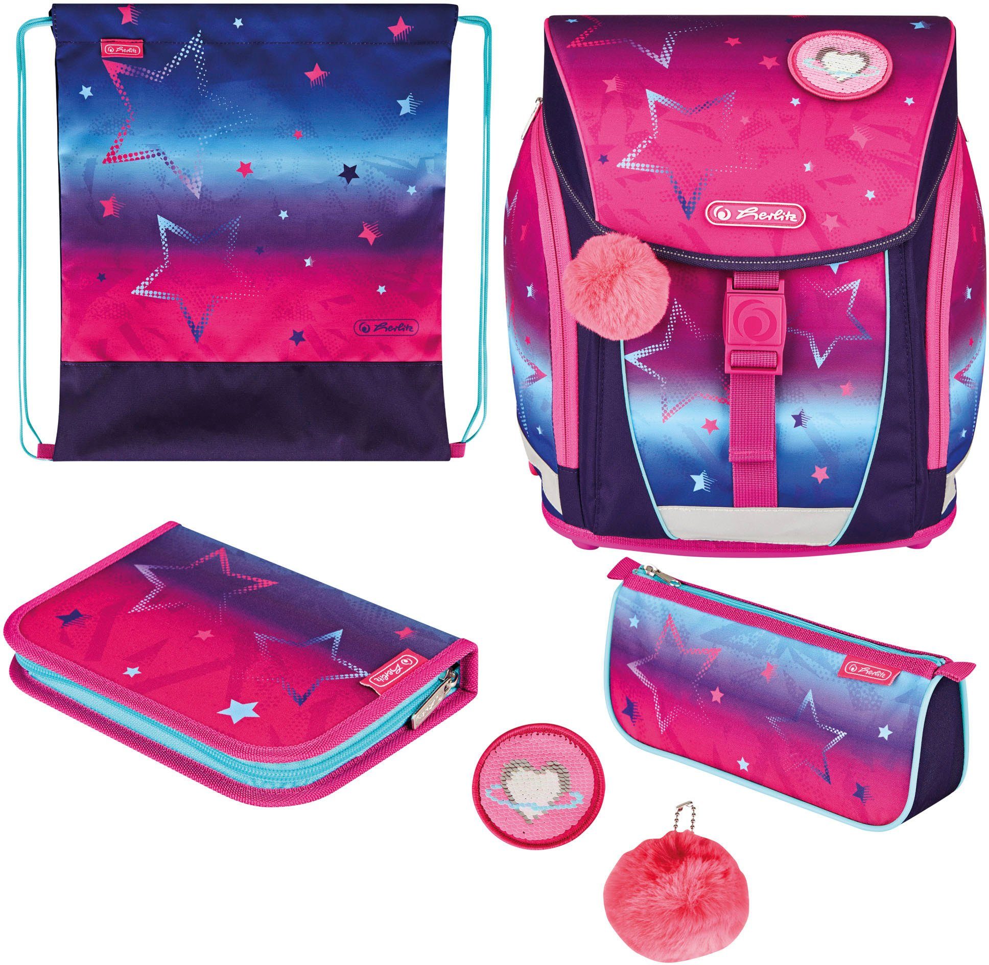 Herlitz Schulranzen FiloLight Plus, Pink Stars (Set, 6-tlg), mit Sportbeutel, Etui, Faulenzer und Sportbeutel