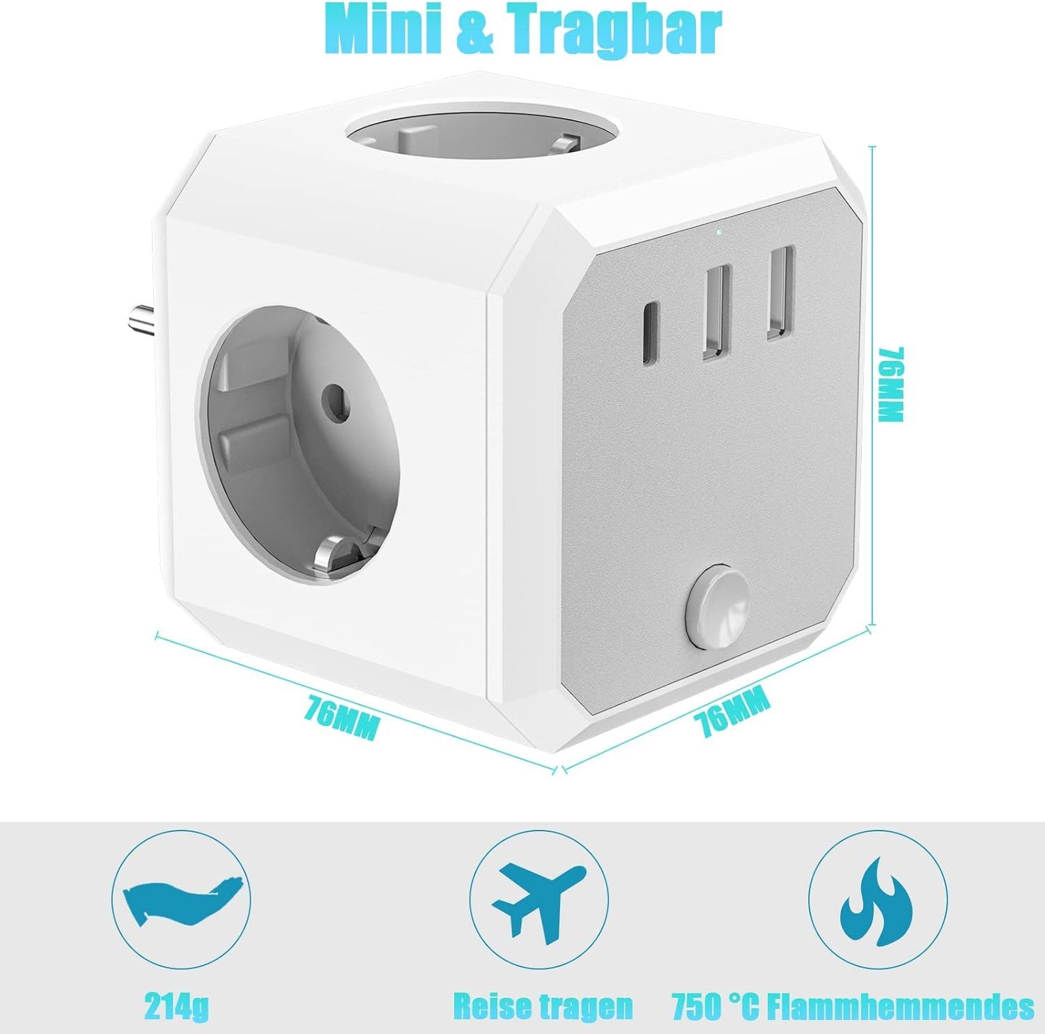 Niclous Steckdosenwürfel 7in1 4-fach mit 2 USB USB-C Schalter 3680W Grau Mehrfachsteckdose 7-fach (2 USB-A-Anschlüsse, Ein-/Ausschalter, 1 USB-C-Anschluss, 4 Schuko-Steckdosen, Kindersicherung, Kurzschlussschutz, Überlastschutz, Kindersicherung, Überspannungsschutz, Kabellänge 0 m), 7-in-1, USB-A, USB-C, Schalter, Kindersicherung