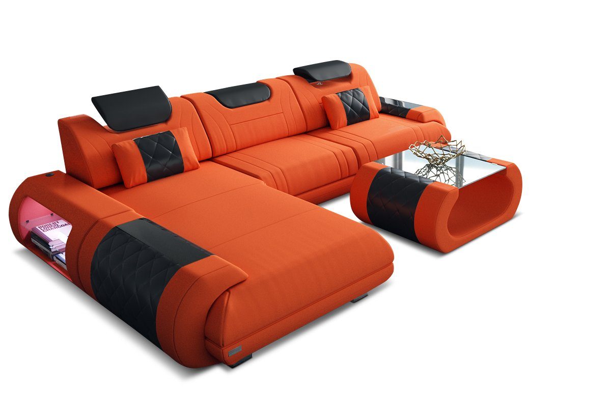 Dreams Sofa, orange-schwarz Stoff Stoffsofa mit Ecksofa Couch Bettfunktion wahlweise Rimini Polster Sofa Form L M Mikrofaser