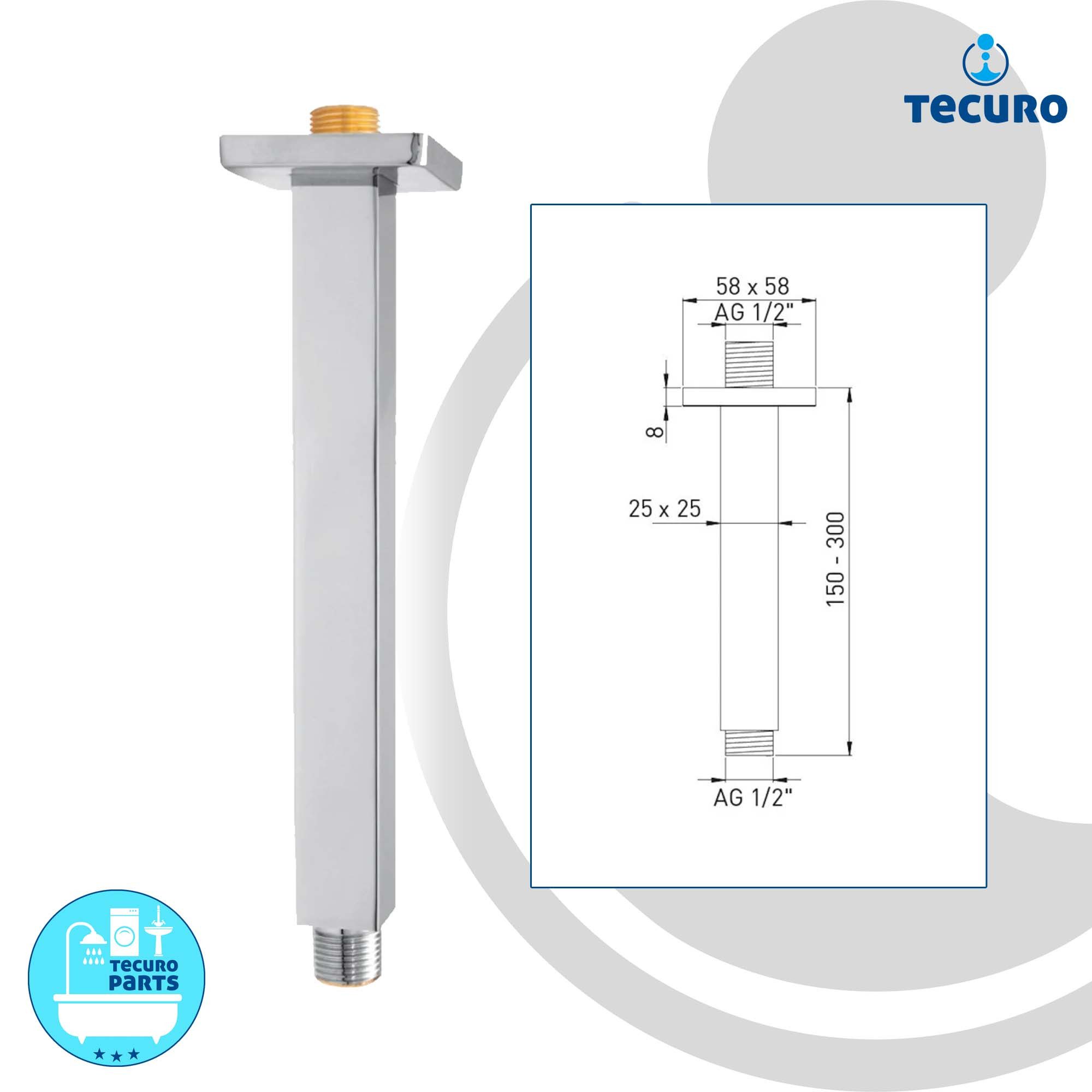 tecuro Brausearm DESIGN eckiger Deckenarm 150 bis 300 mm für Regenbrausen, 150 mm