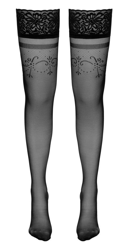 Cottelli LEGWEAR Halterlose Strümpfe Halterlose Strümpfe mit Muster Silikonbund - schwarz (1-Paar) Innen mit rutschfestem Silikonband – Bild 3 von 5