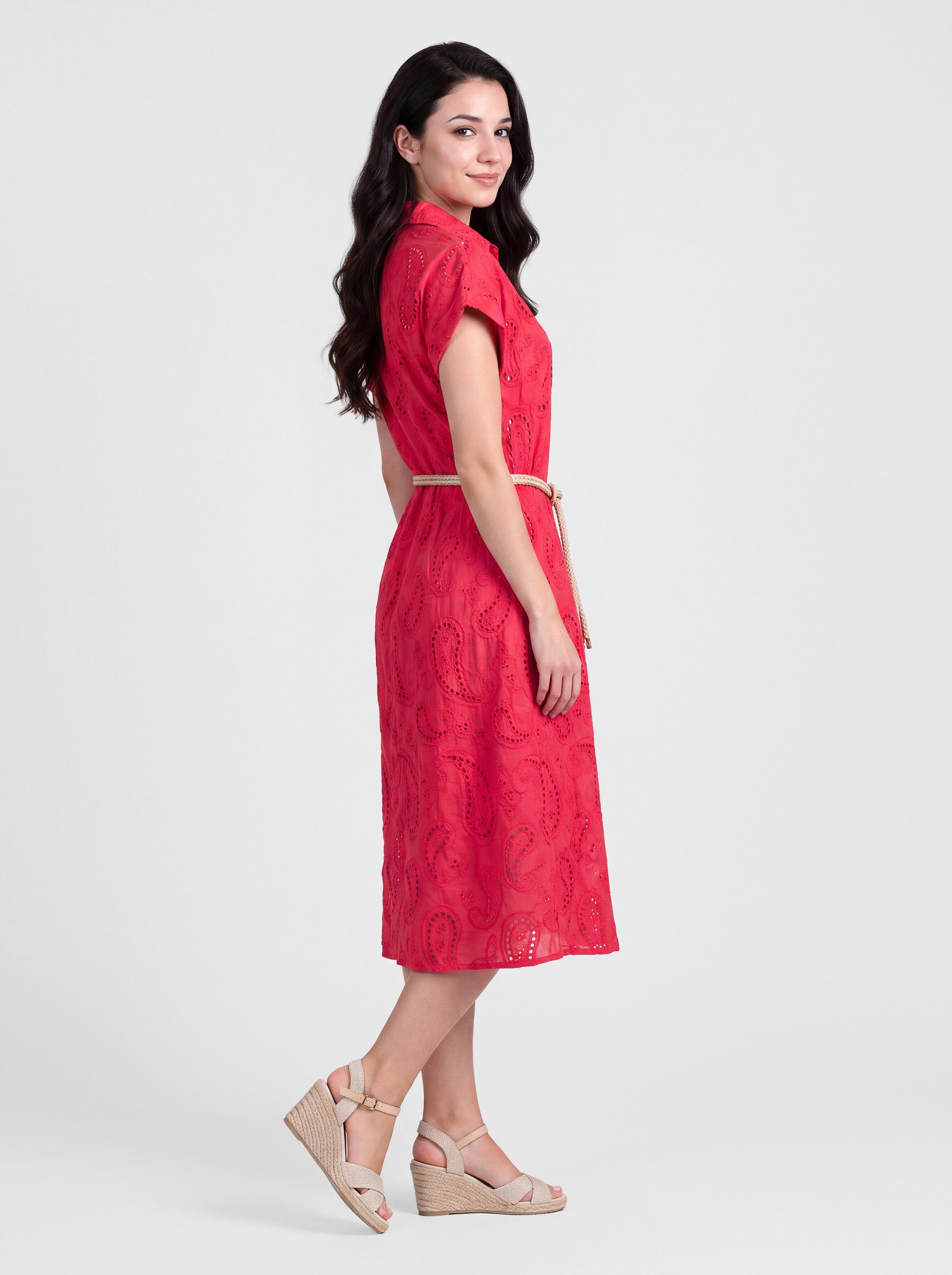 PEKIVESSA Sommerkleid Hemdblusenkleid mit Lochstickerei und Gürtel in Midilänge