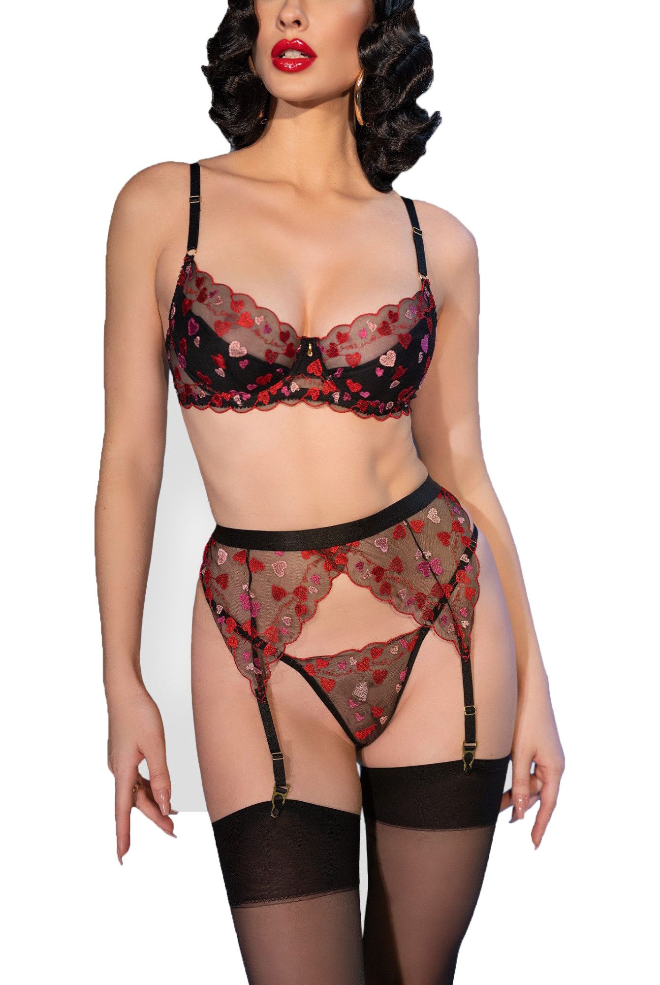 Strapsgürtel Damen Dessous Netz Set schwarz rot aus BH mit Strapsgürtel, String und