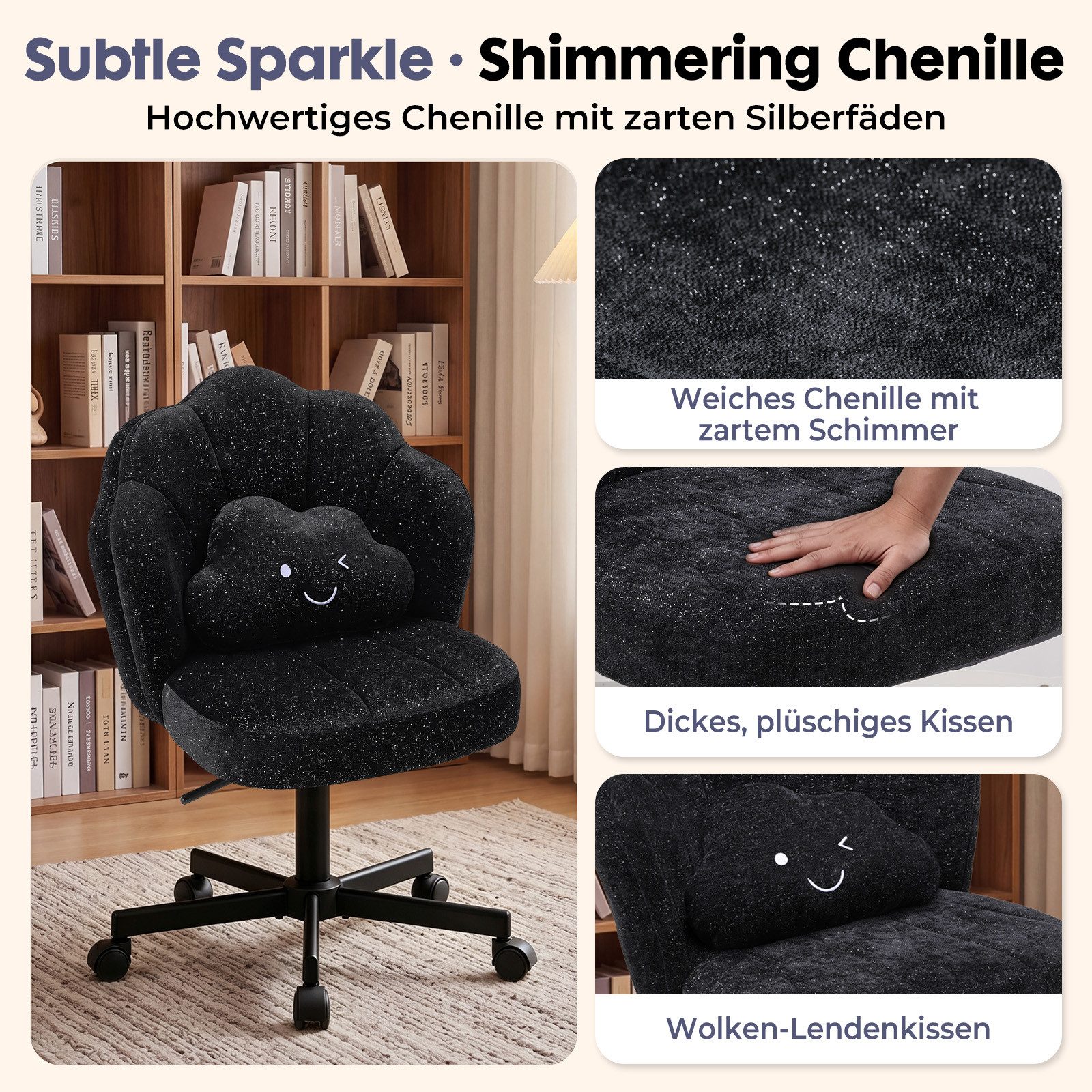 COMHOMA Bürostuhl Schminkstuhl Homeoffice Stuhl, Schreibtischstuhl Drehstuhl mit Rrollen, höhenverstellbar,für Schminktisch,Arbeitszimmer, Schlafzimmer,150kg – Bild 4 von 5
