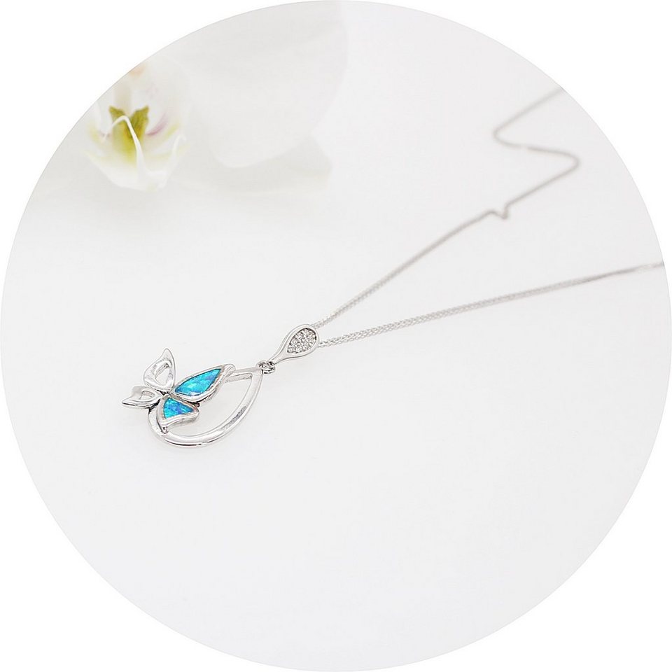 ELLAWIL Silberkette Kette mit Schmetterlings Anhänger Zirkonia Halskette  Türkis (Kettenlänge 40 cm, Sterling Silber 925), inklusive Geschenkschachtel