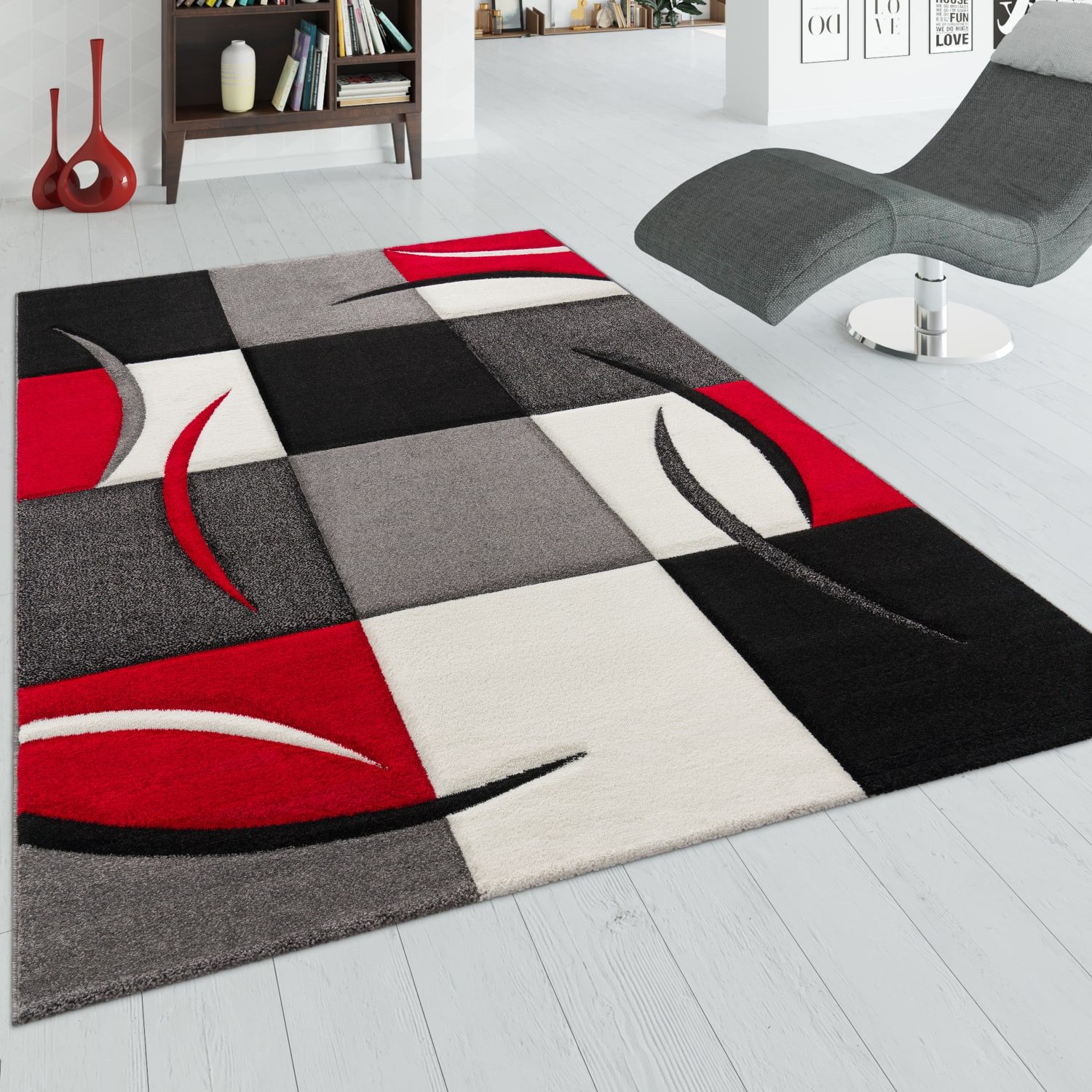 KADIMA DESIGN Teppich Karo Wohnzimmer 100% Polypropylen schmutzabweisend Teppich Kurzflor, Läufer, Höhe: 16 mm, Florhöhe: 12 mm, 100% Polypropylen, Rechteckig, 60x110cm, Rot