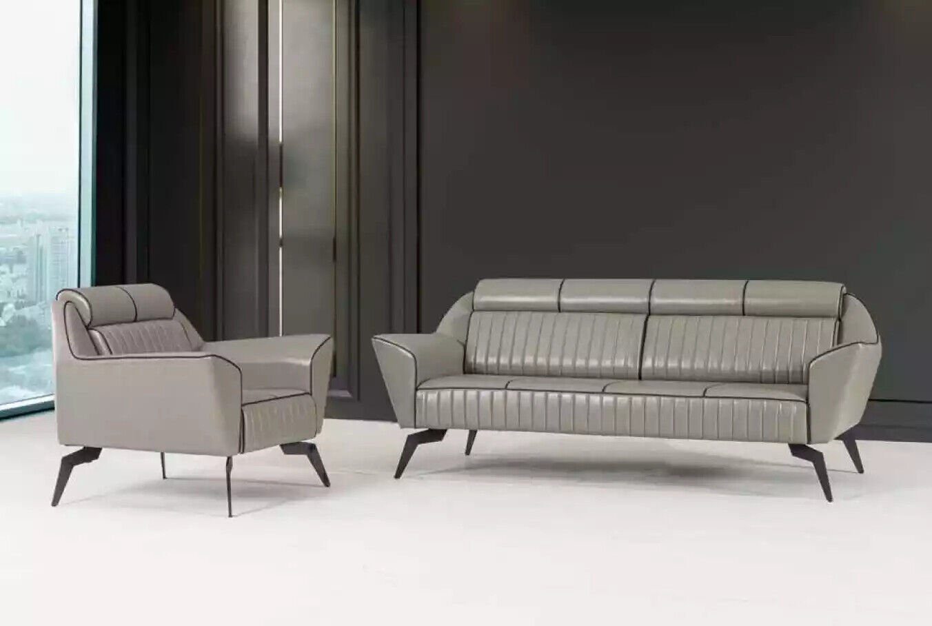 Luxus, In Dreisitzer Designer Sofa Arbeitszimmermöbel Grauer Holzmöbel Europe JVmoebel Made Leder