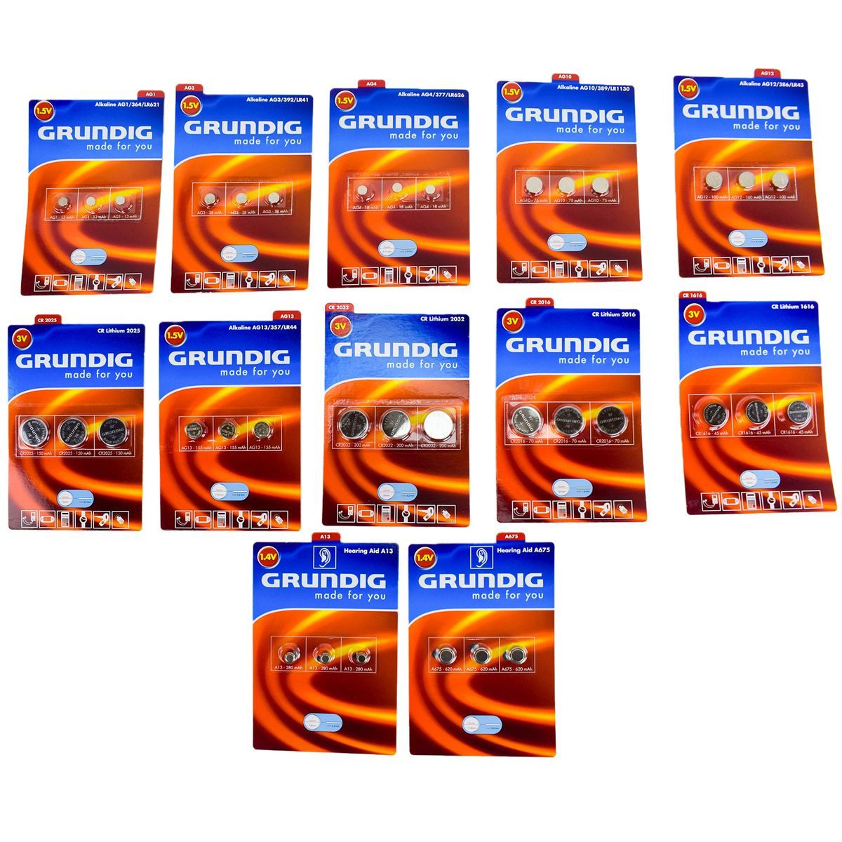 Marabellas Shop Grundig Knopfzellenbatterien 3-tlg. Alkaline, Lithium und Hearing Aid Batterie, (3 St), universell einsetzbar