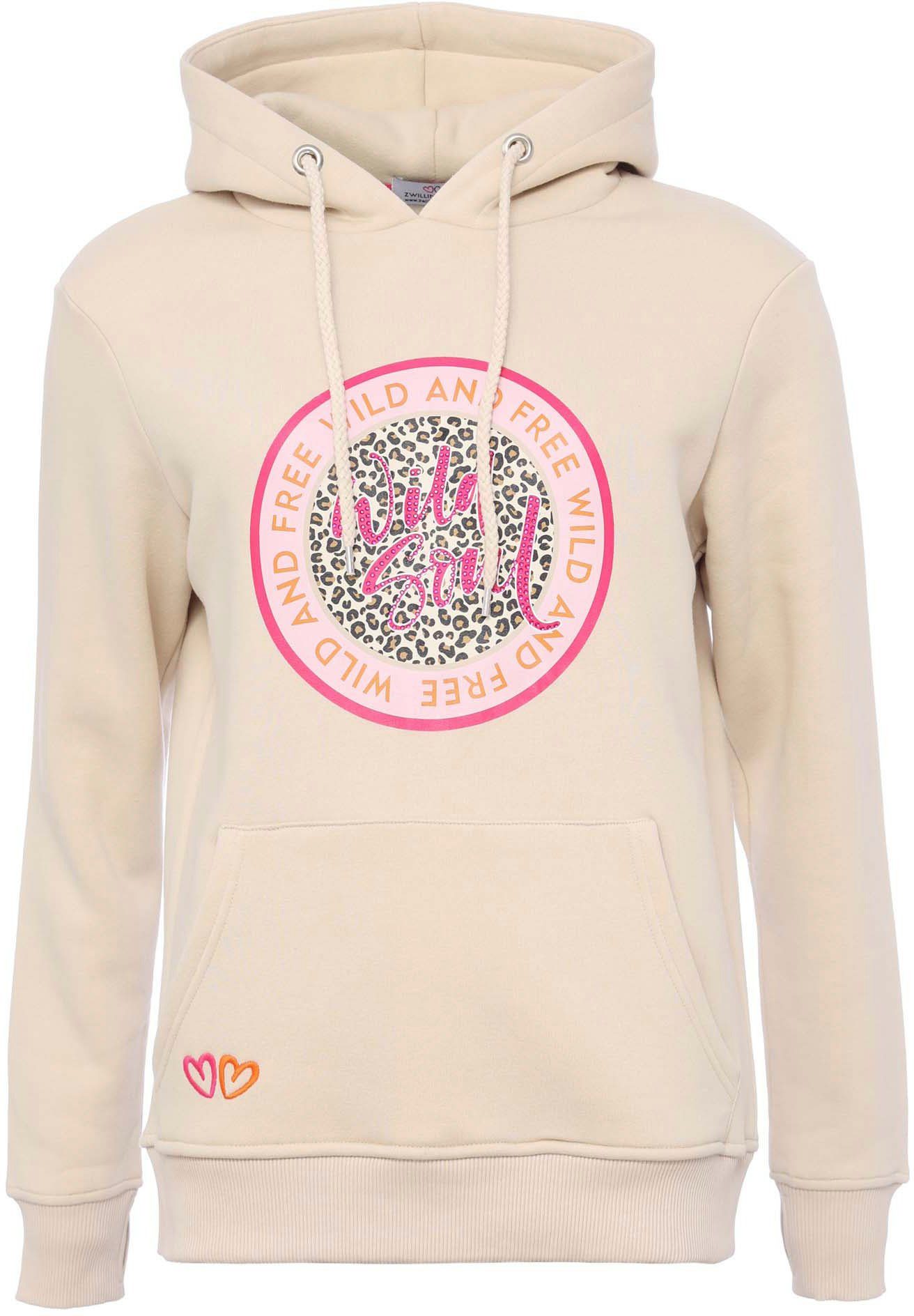 Zwillingsherz Hoodie Animal-Print mit Glitzersteinen vorn