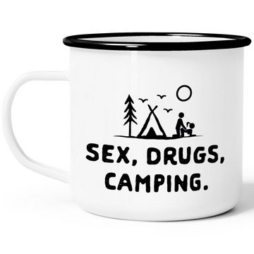 MoonWorks Tasse Emaille Tasse Becher Outdoor Design lustig Sex Drugs Camping Travelling Trekking Kaffeetasse Moonworks®, emailliert und mit Aufdruck