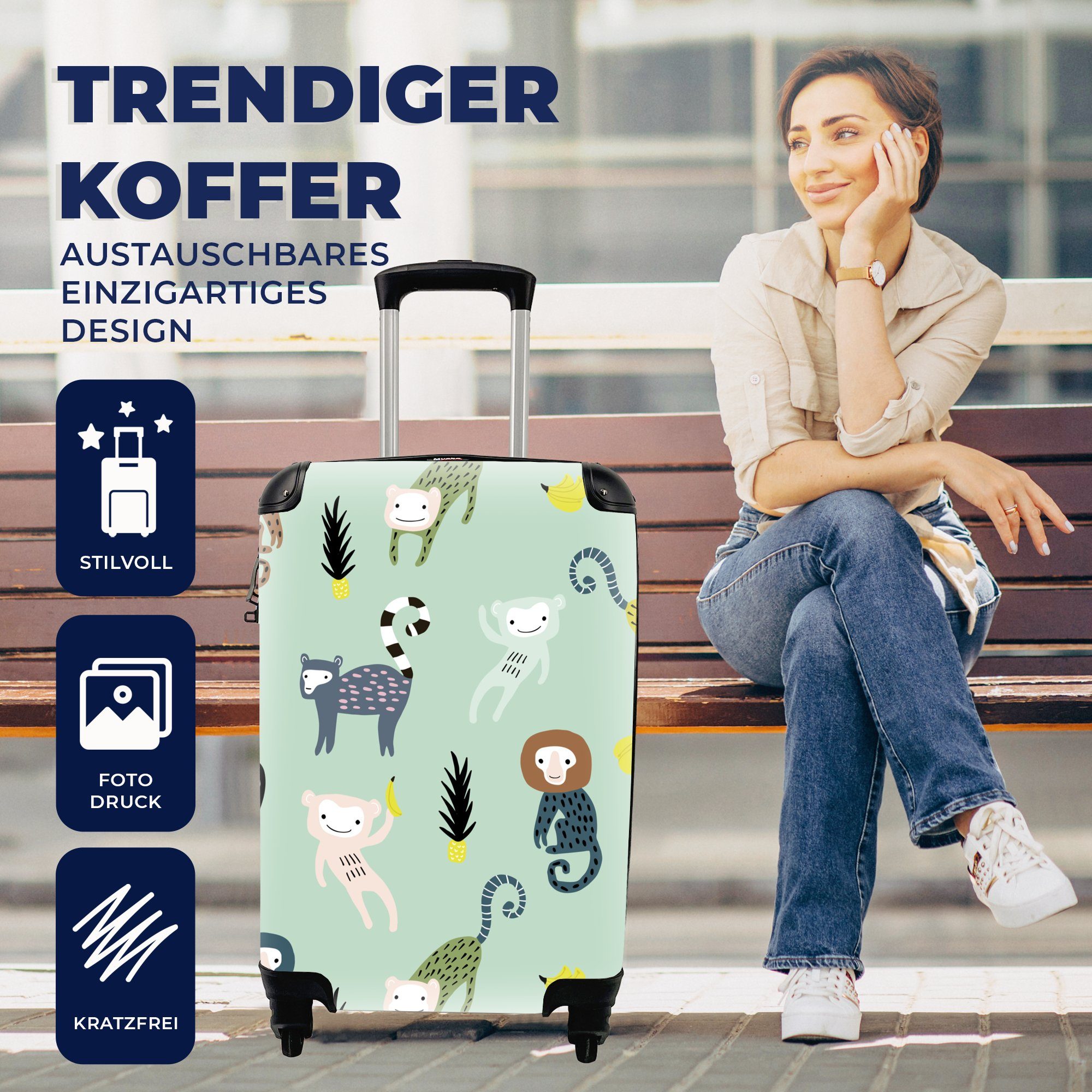 Rollen, Reisekoffer - für - Trolley, Reisetasche 4 rollen, Affe Grün, mit Handgepäckkoffer Banane Handgepäck Ferien, MuchoWow