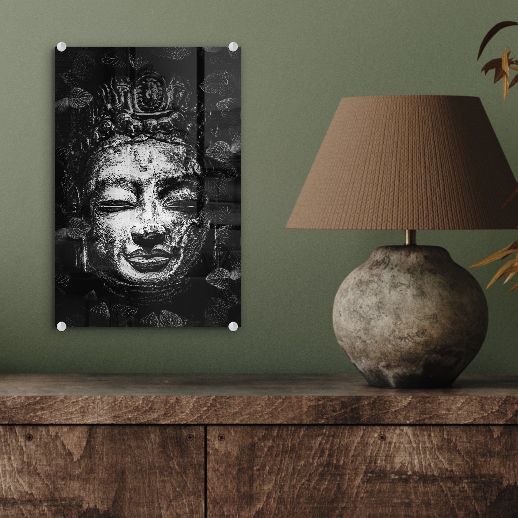 (1 MuchoWow Wanddekoration auf Blättern herum Kupferkopf bunt -, drum - - Foto Buddhas Acrylglasbild Glasbilder mit eines kleinen Glas auf Rauher Wandbild Bilder - Glas St),