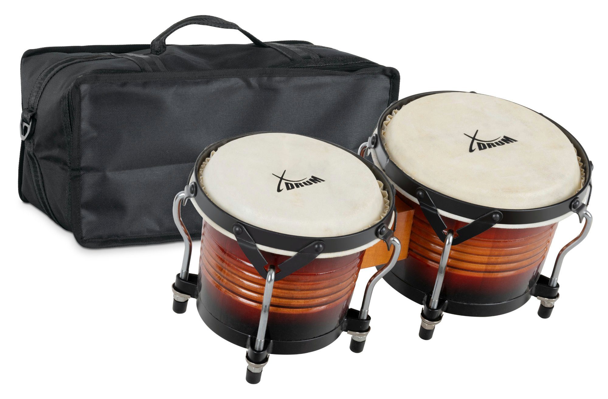 XDrum Bongo Bongos Pro - 2 Trommeln mit 6,5" (17 cm) und 7,5" (20 cm) Durchmesser - Bongotrommeln mit stimmbaren Naturfellen, Stimmschlüssel und Tasche - Holztrommeln