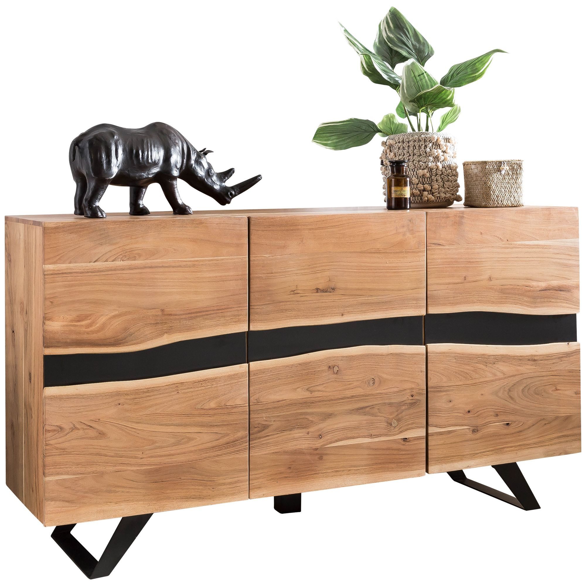 KADIMA DESIGN Kommode Sideboard 148 x 85 x 43 cm Massiv-Holz Akazie Natur Baumkante Anrichte (Flur Schrank Kommode), Landhaus-Stil Highboard mit 3 Türen