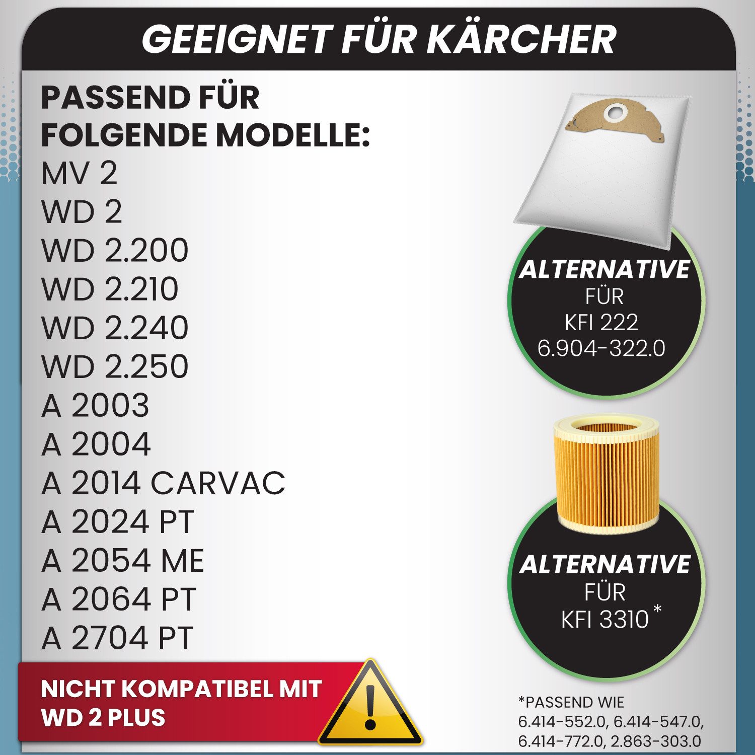 Thumbnail - McFilter Staubsaugerbeutel Microvlies Vlies (10 Stück + 1 Filter), passend für Kärcher MV2 WD2 A2003 A2004 WD2.200 WD2.2...