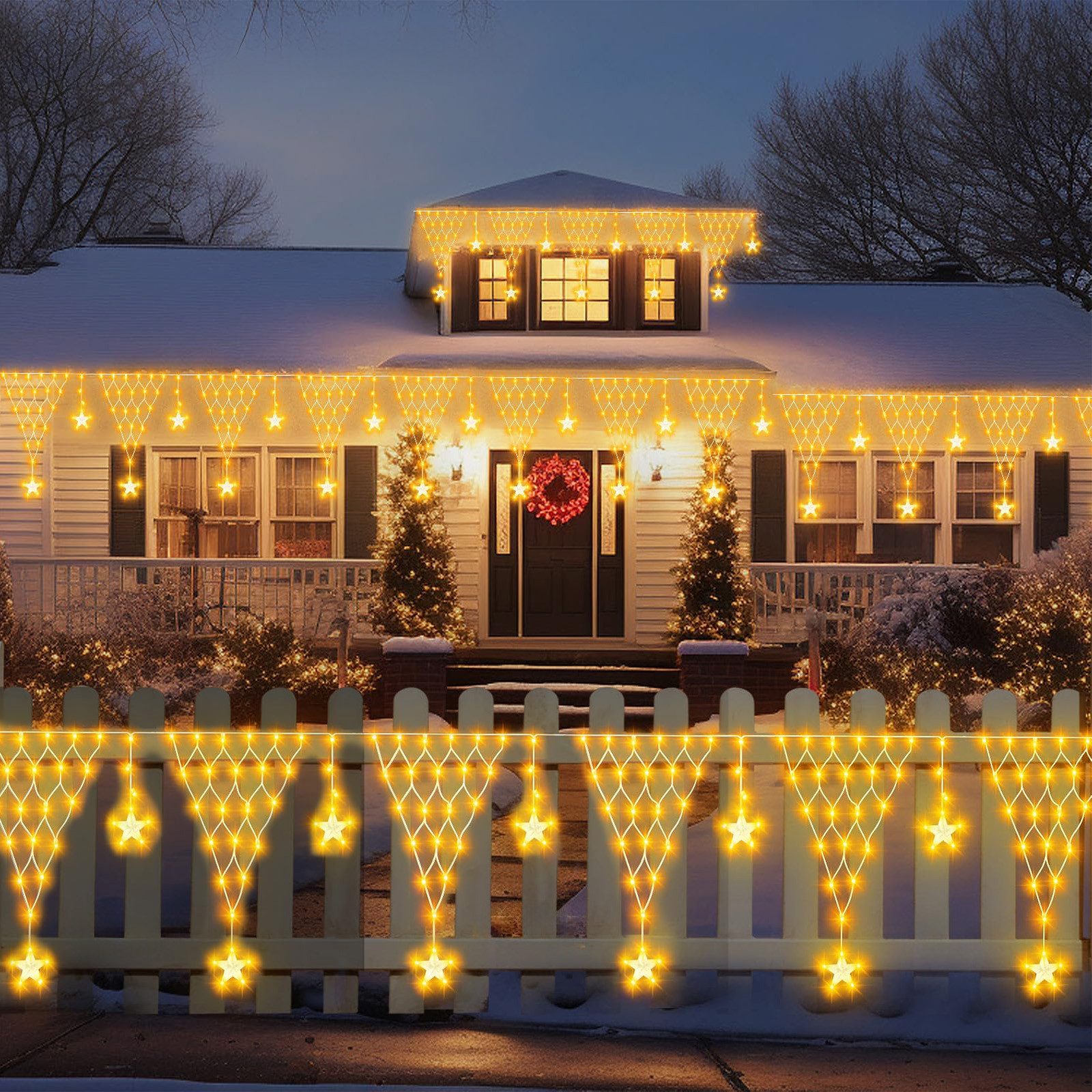 Rosnek LED-Lichtervorhang LED Lichterkette Sterne Weihnachten,LED Lichtervorhang Beleuchtung, Gartenbeleuchtung,für Party Garten Balkon Hochzeit Weihnachten – Bild 5 von 5