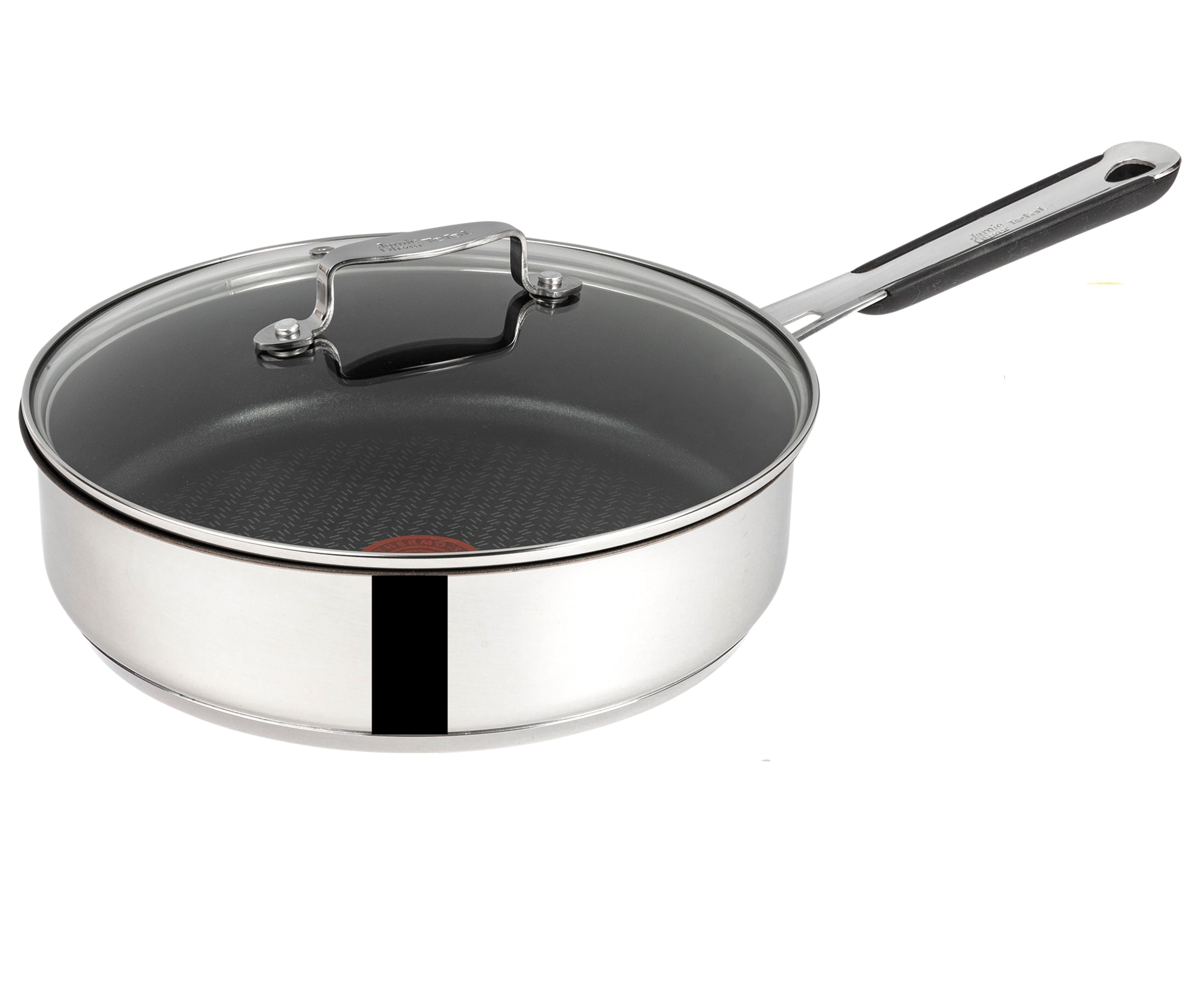 Tefal Schmorpfanne Jamie Oliver E76 Schmorpfanne mit Deckel 25cm ale Herdarten+ Induktion, Edelstahl 18/10 (Pfanne, Bratpfannen Set, Pfannenset, Wok, Wokpfanne, Schmorpfanne, Pfannen), Hochrand, Ohne Fett / Öl braten, Säurebeständig