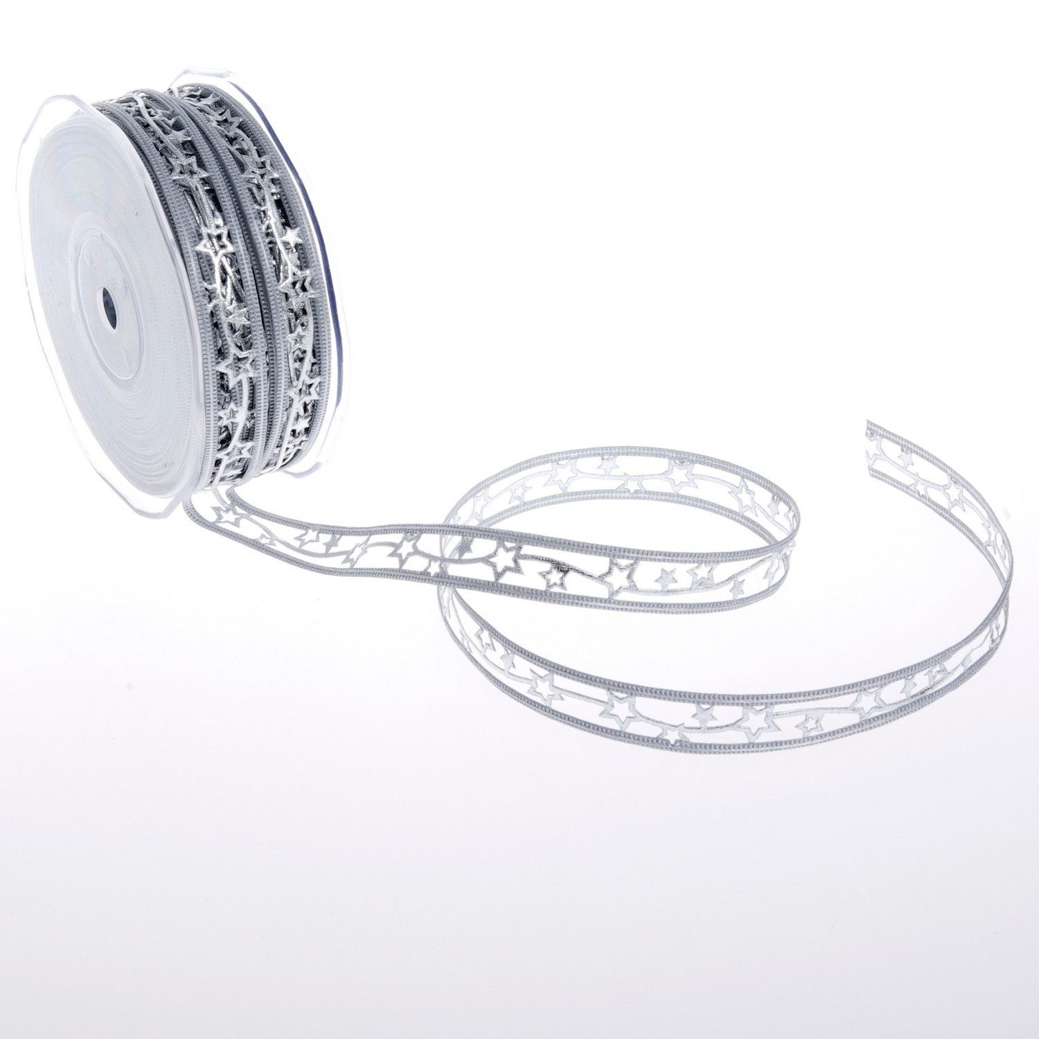 Deko AS Dekoband Weihnachtsband mit Sternchen - grau/silber - 15 mm Breite - 20 m Läng