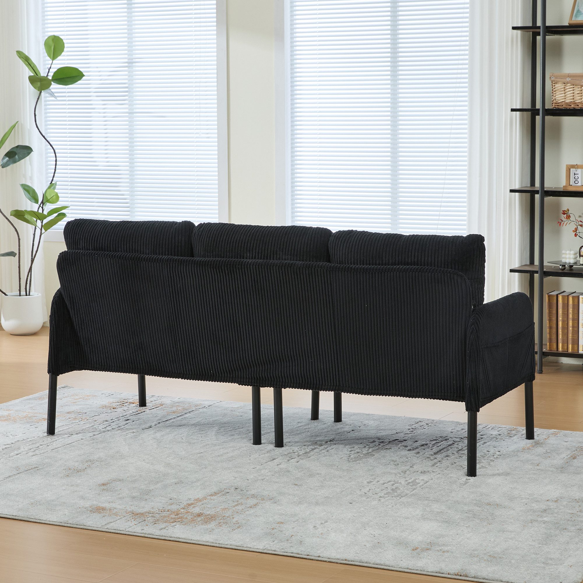 STILVORA Loungesofa Dreisitzer Cordsofa mit hoher Rückenlehne und Seitentaschen Schwarz, Relaxsofa mit Stabile Metallfüße und robuste Konstruktion, Tiefe und breite Sitzfläche