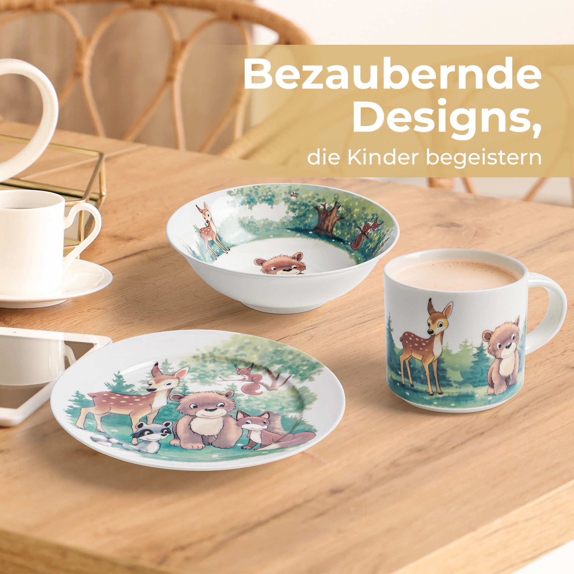 MiaMio Kindergeschirr-Set Wald Motiv Grün (3-tlg), 1 Personen, Keramik, Teller, Schüssel und Tasse mit Kindermotiv
