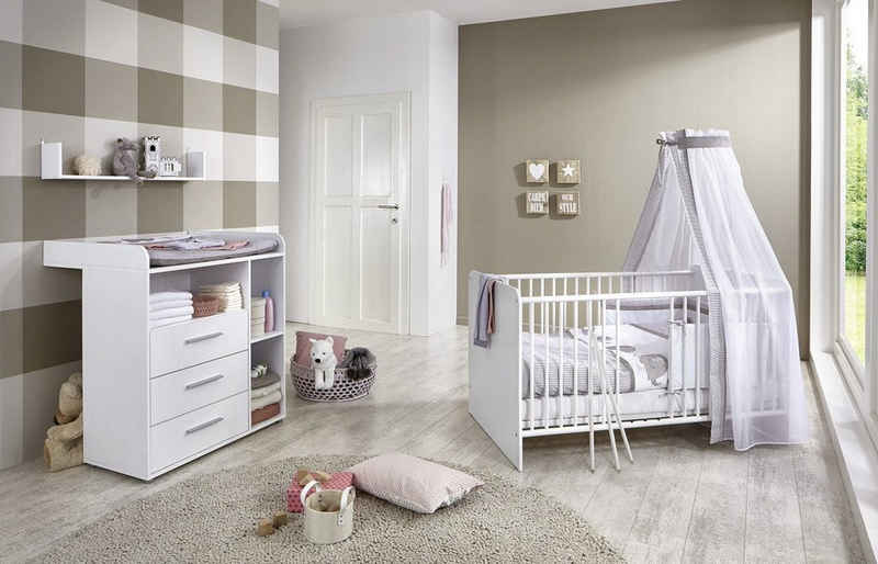 moebel-dich-auf Babyzimmer-Komplettset KIM 5, (in weiß, Babybett + Wickelkommode), optional mit Matratze, Umbauseiten-Set oder Textil-Set